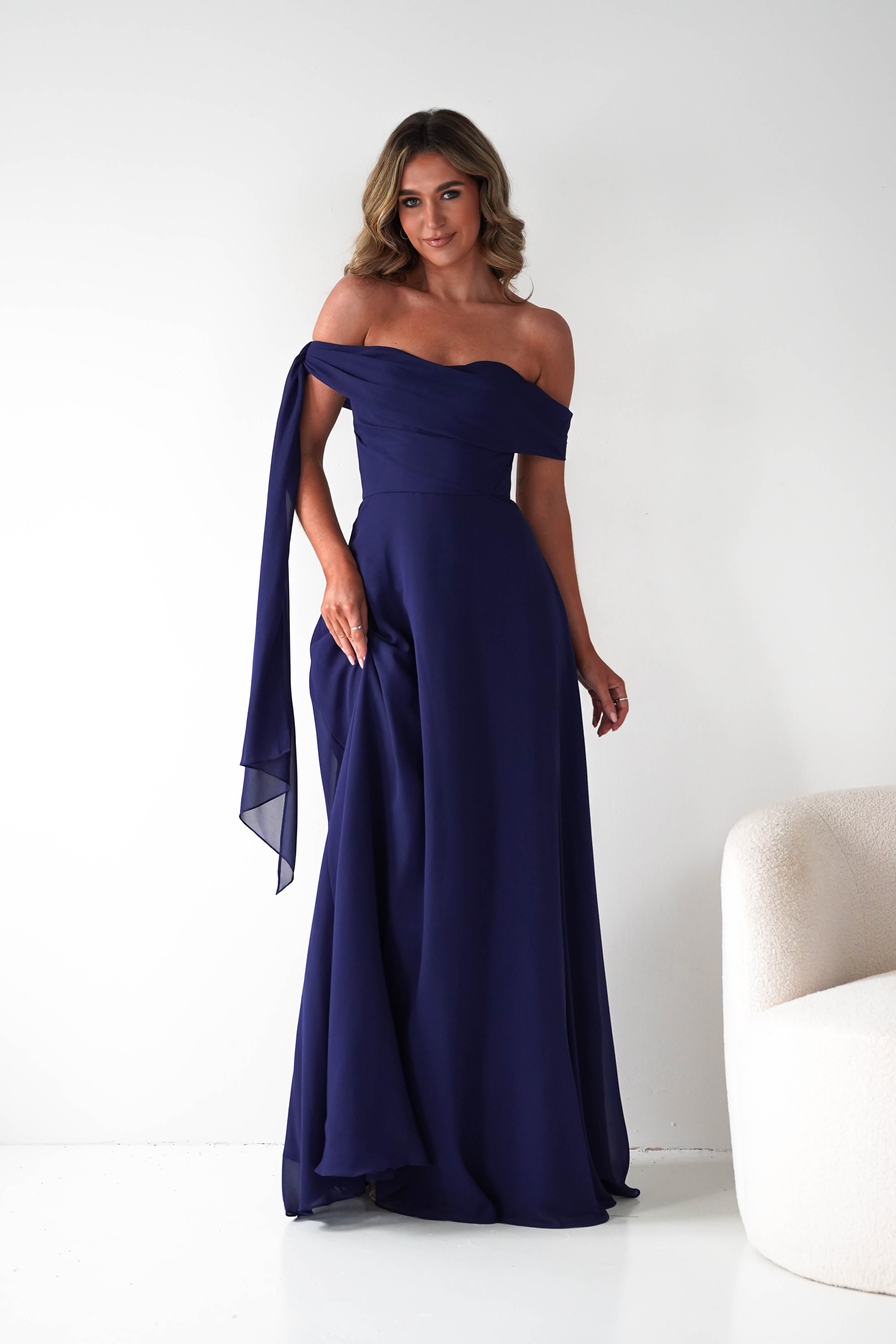 Oh Hello Clothing Dresses 1*DONE -CINDERALLA-NAVY DRESS DRAPE DSEIGN ON ONE SIDE- T716 (Copy)