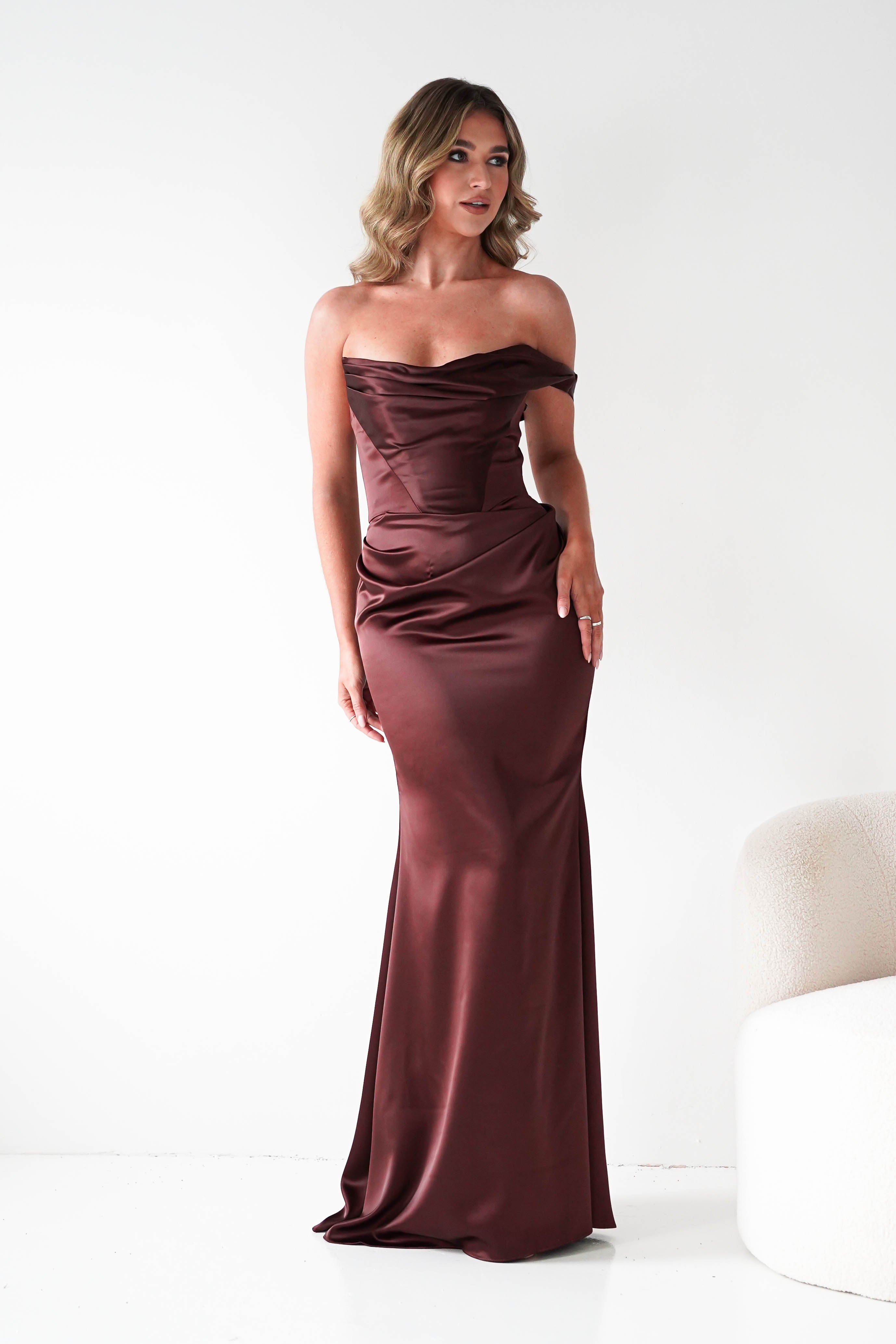 Oh Hello Clothing Dresses 1*DONE - CINDERALLA- One-Shoulder Draped Evening Gown- Brown