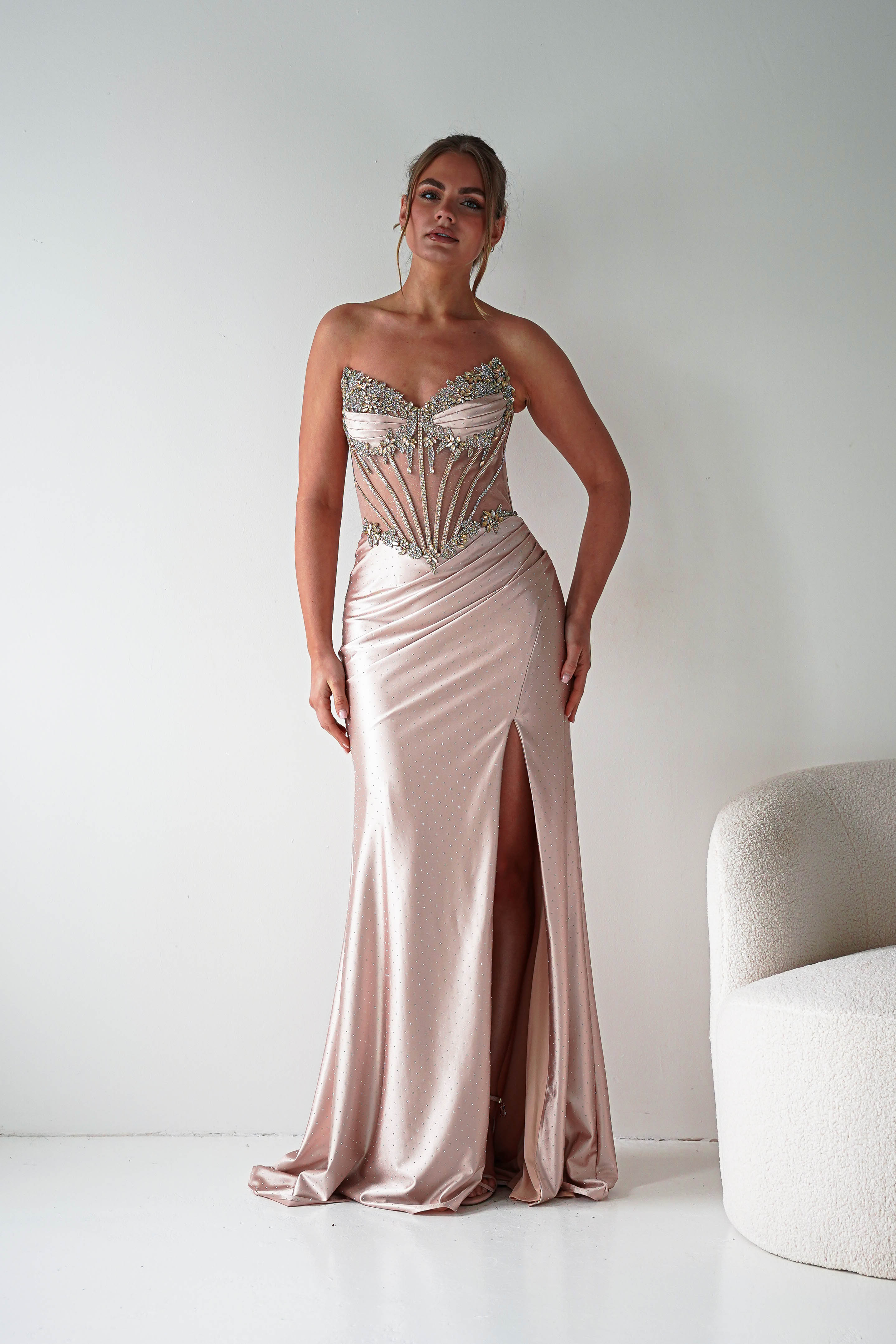 Oh Hello Clothing Women > Clothing > Dresses 1*DONE - CINDERALLA-Strapless Embellished Mesh Evening Gown- Gold