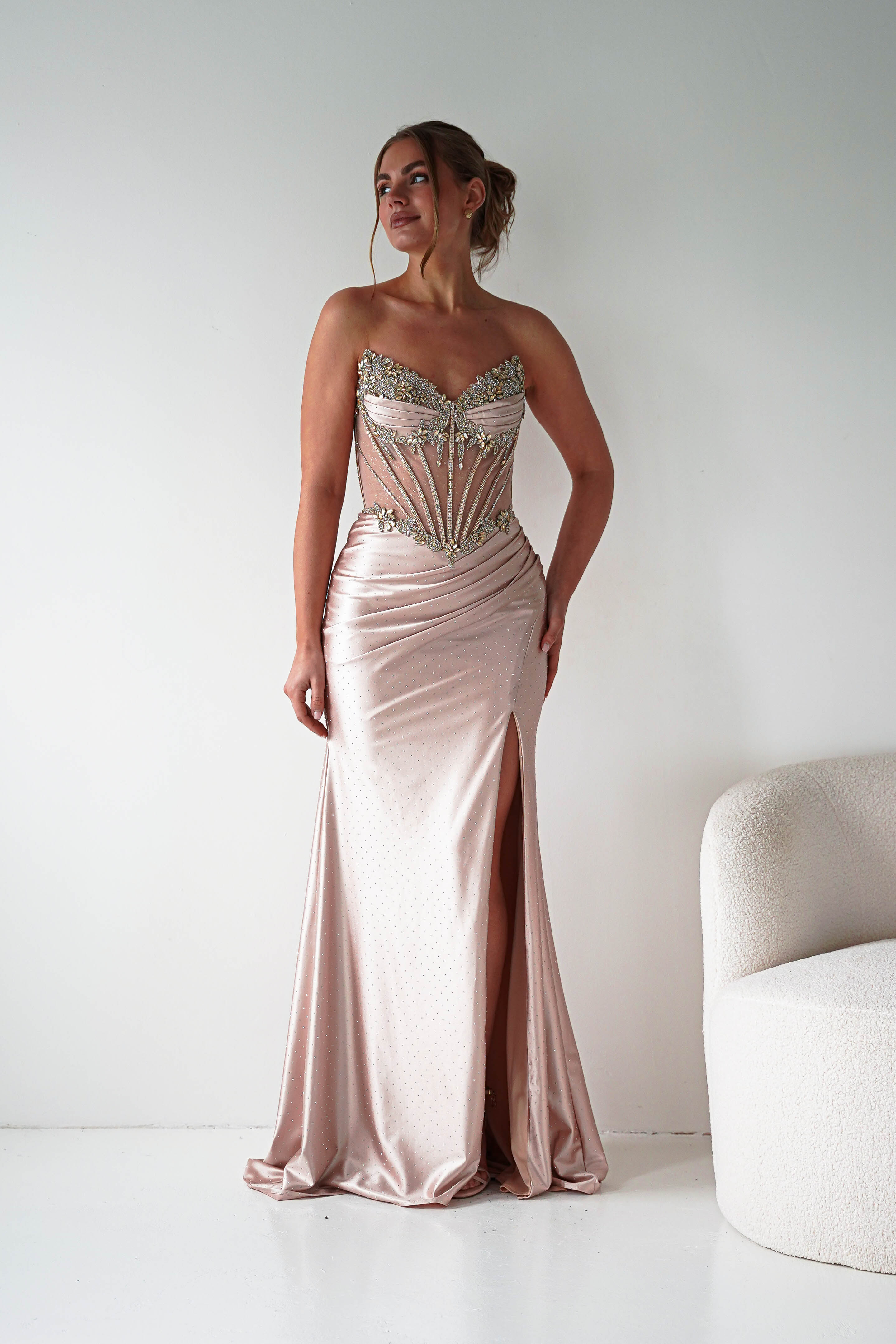 Oh Hello Clothing Women > Clothing > Dresses 1*DONE - CINDERALLA-Strapless Embellished Mesh Evening Gown- Gold