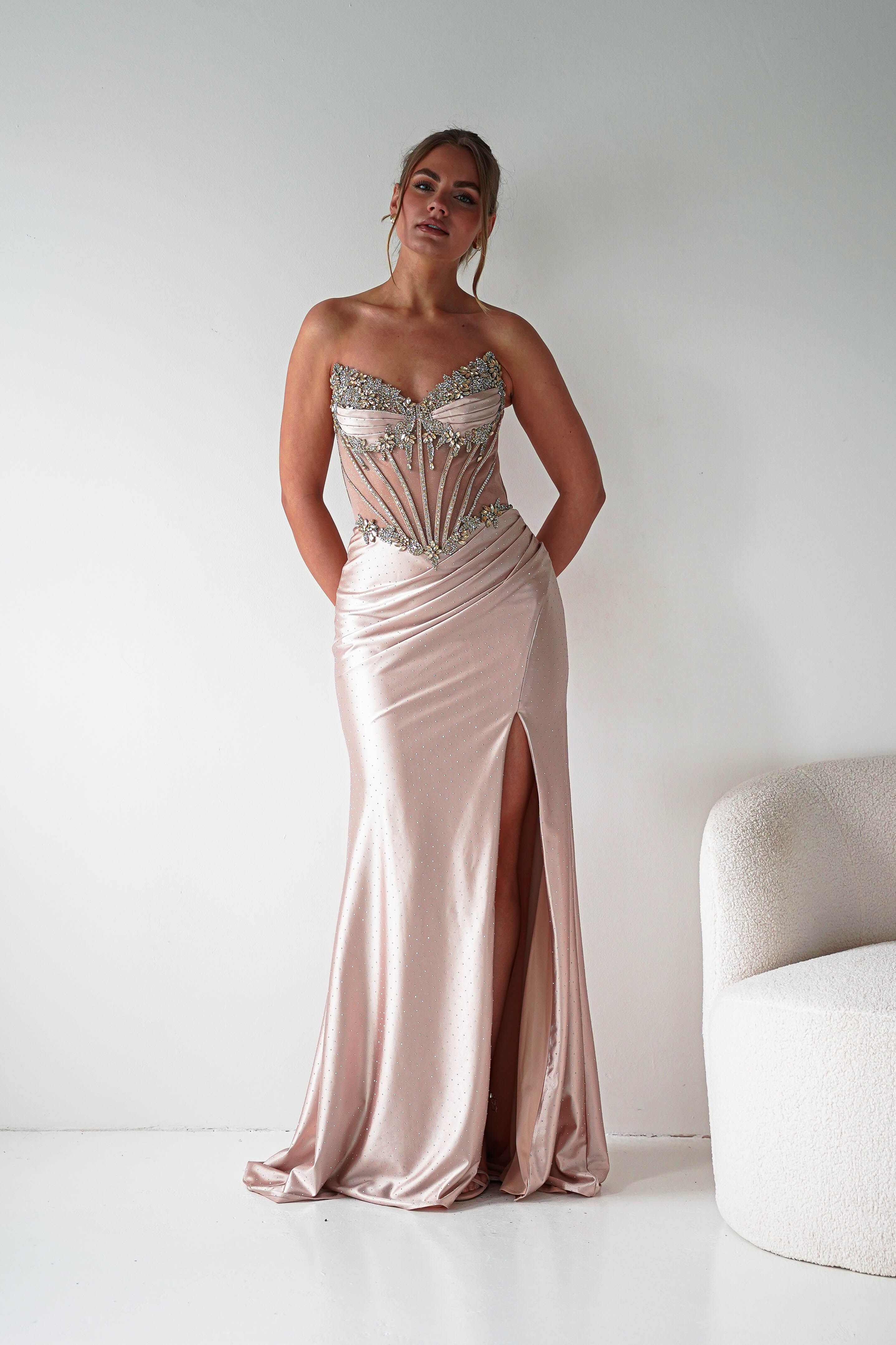 Oh Hello Clothing Women > Clothing > Dresses 1*DONE - CINDERALLA-Strapless Embellished Mesh Evening Gown- Gold