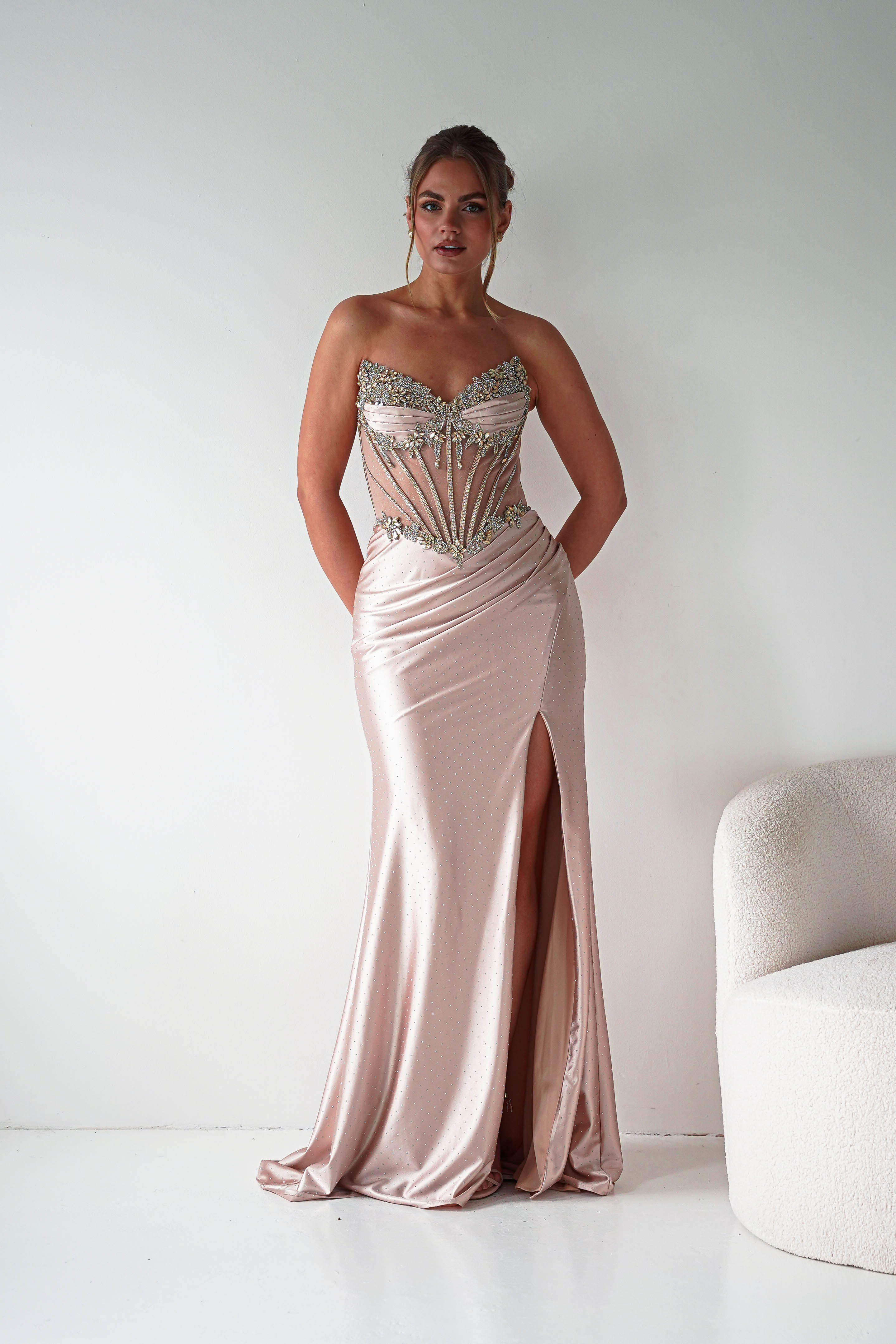 Oh Hello Clothing Women > Clothing > Dresses 1*DONE - CINDERALLA-Strapless Embellished Mesh Evening Gown- Gold