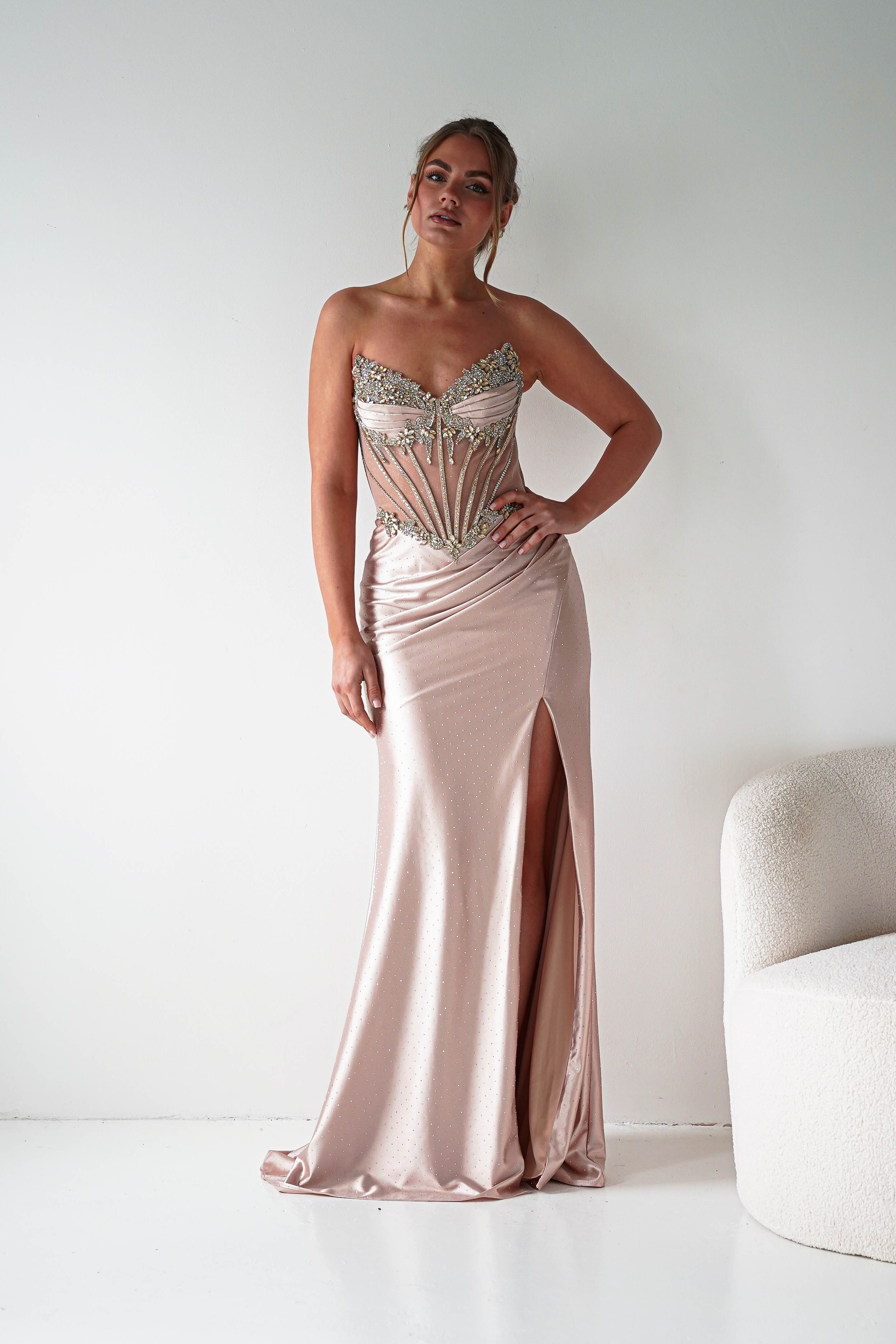 Oh Hello Clothing Women > Clothing > Dresses 1*DONE - CINDERALLA-Strapless Embellished Mesh Evening Gown- Gold