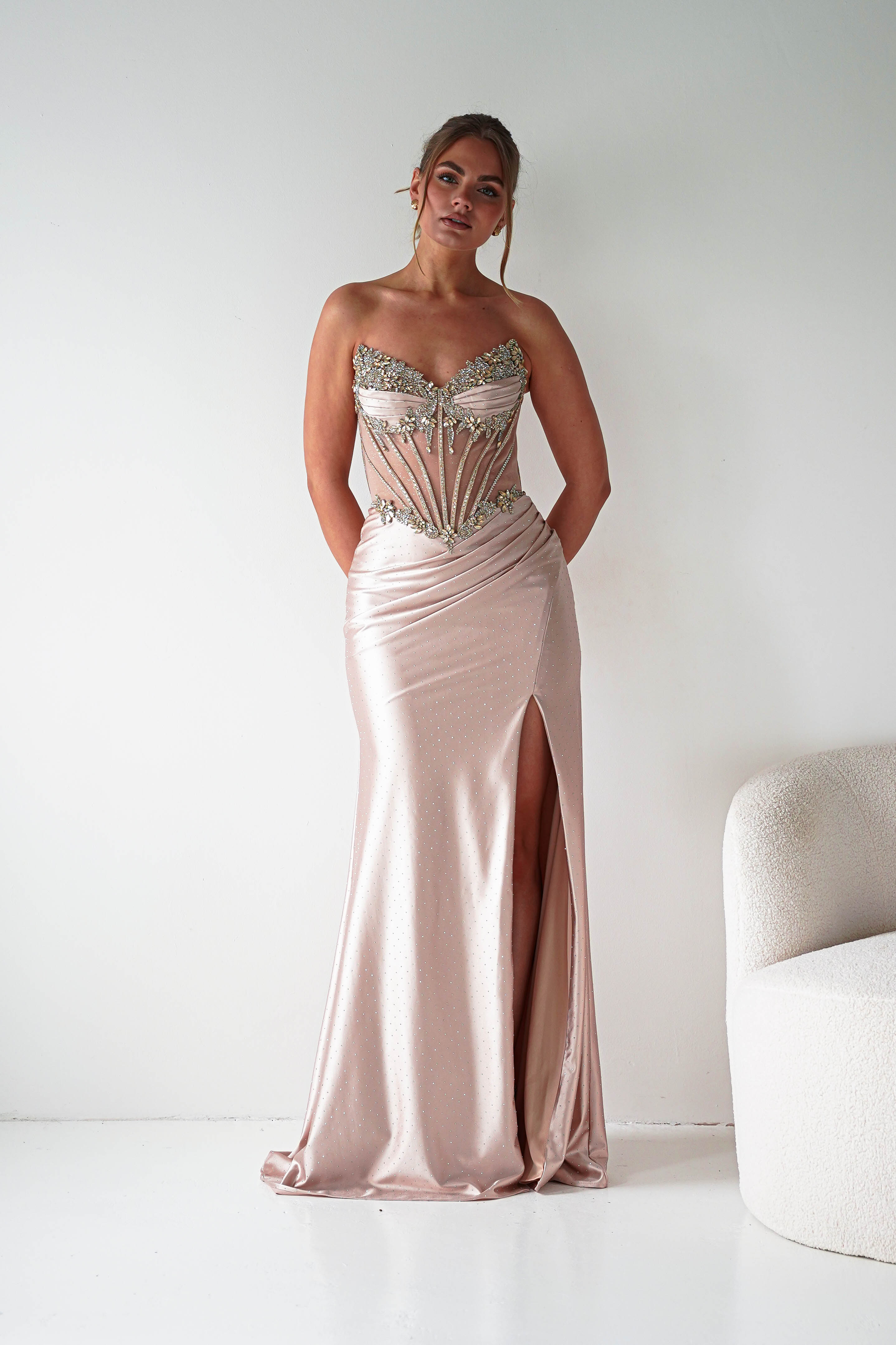 Oh Hello Clothing Women > Clothing > Dresses 1*DONE - CINDERALLA-Strapless Embellished Mesh Evening Gown- Gold