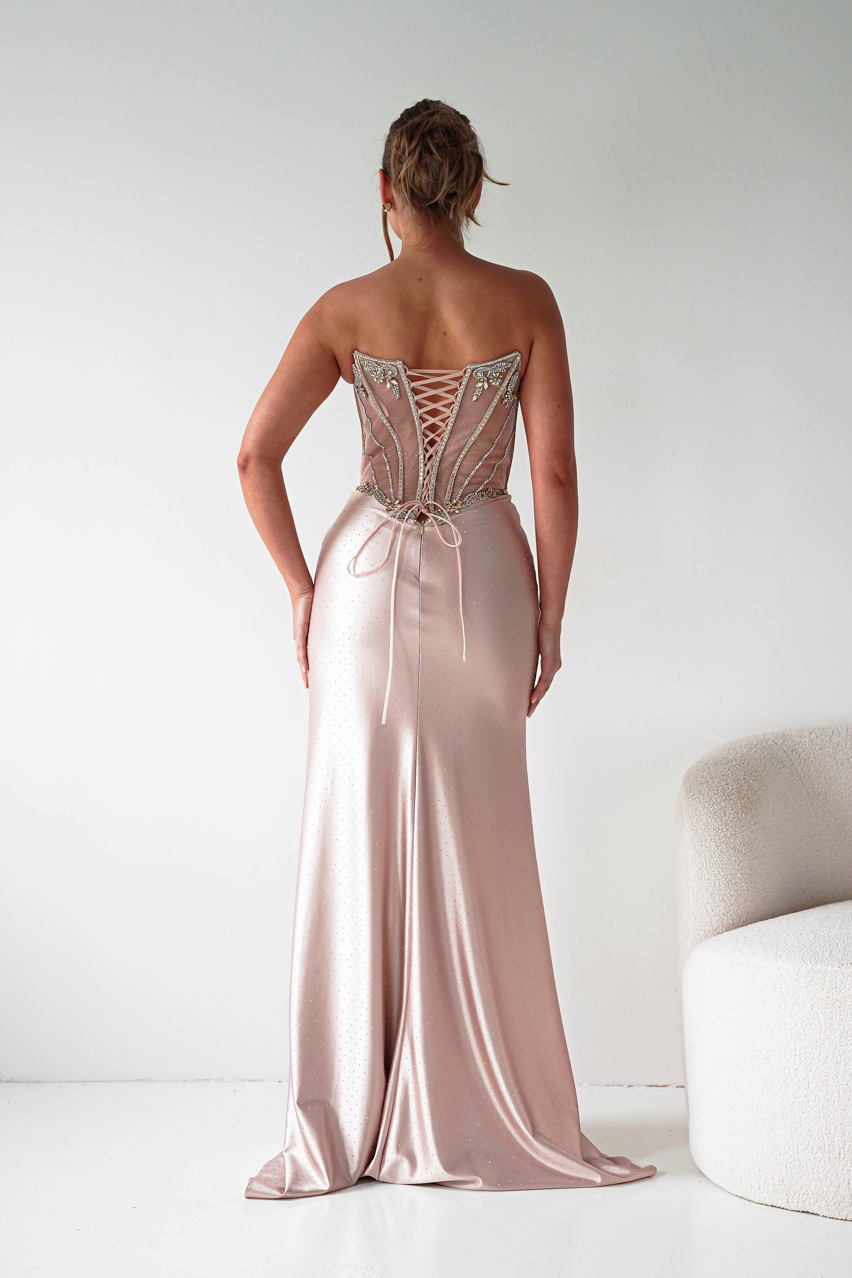 Oh Hello Clothing Women > Clothing > Dresses 1*DONE - CINDERALLA-Strapless Embellished Mesh Evening Gown- Gold