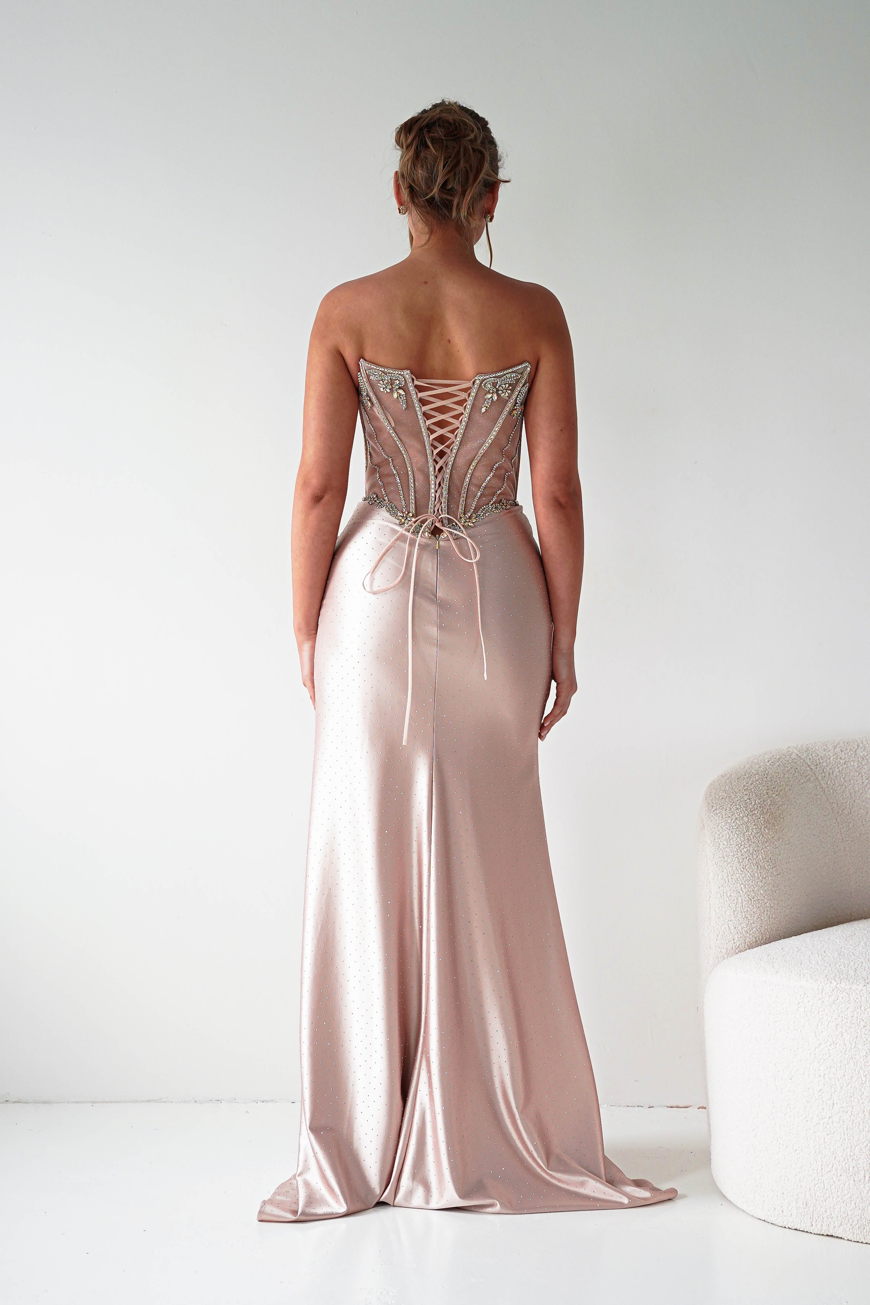 Oh Hello Clothing Women > Clothing > Dresses 1*DONE - CINDERALLA-Strapless Embellished Mesh Evening Gown- Gold
