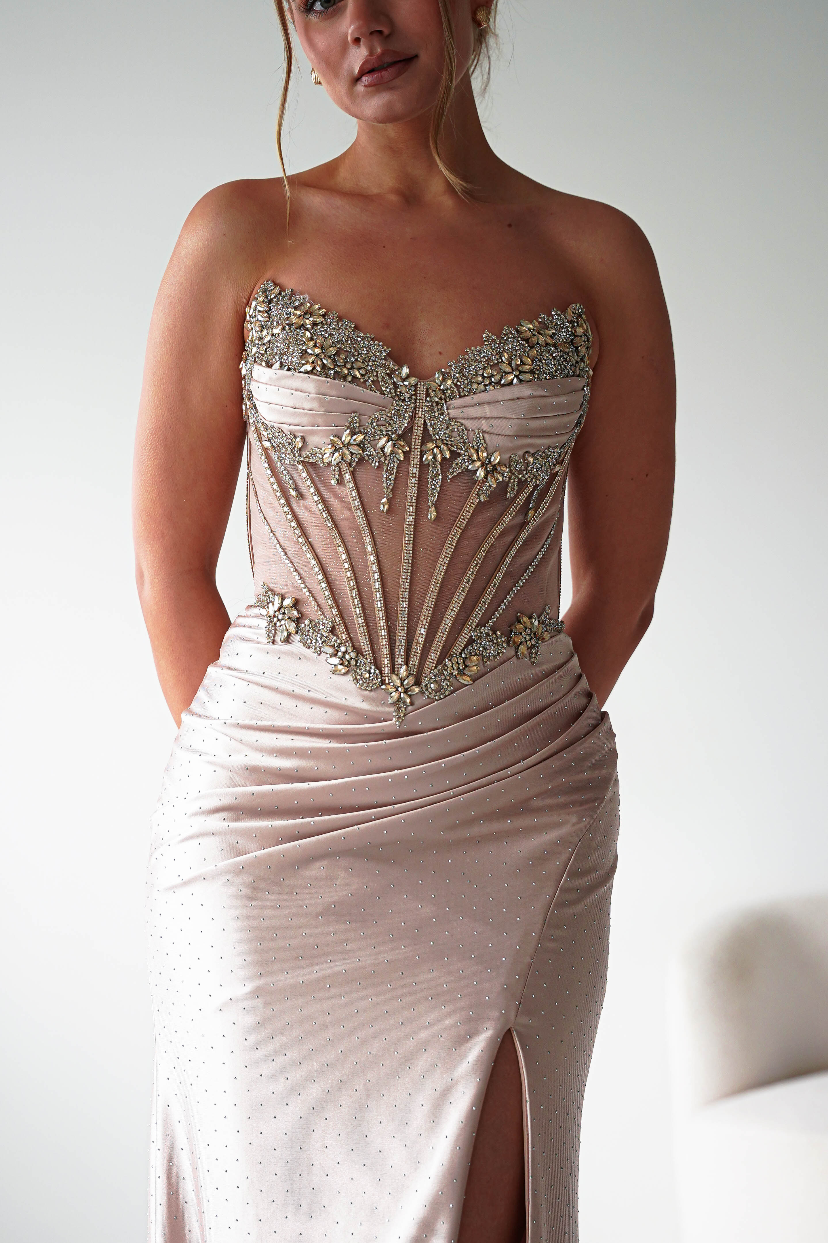 Oh Hello Clothing Women > Clothing > Dresses 1*DONE - CINDERALLA-Strapless Embellished Mesh Evening Gown- Gold