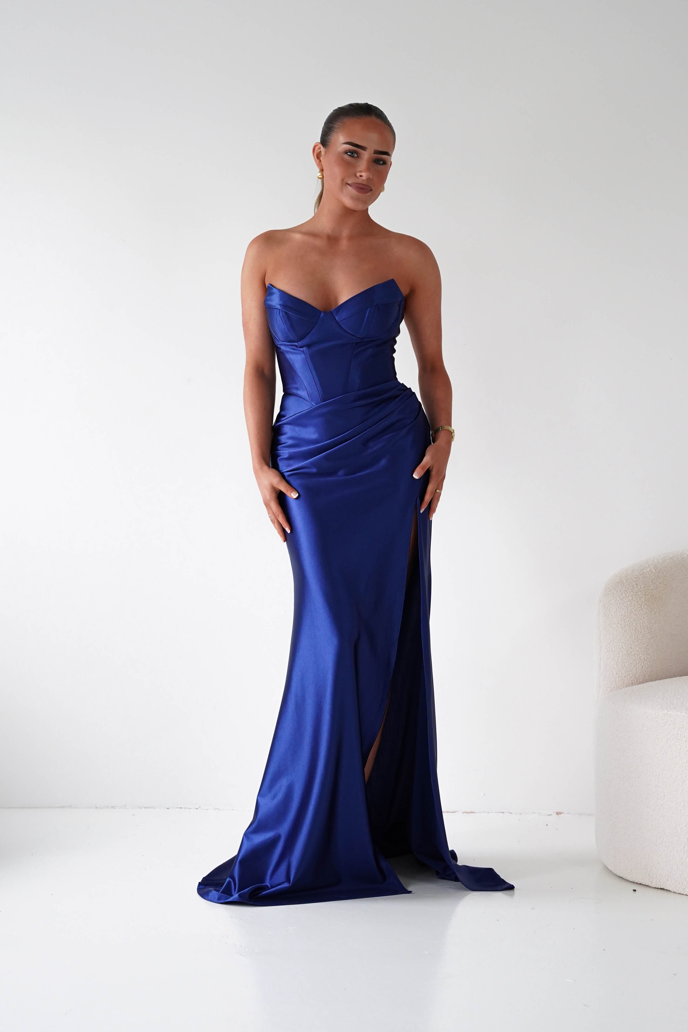 Oh Hello Clothing Women > Clothing > Dresses 1*DONE - Cinderalla-t723-Strapless Satin Maxi Dress with Side Slit in Navy