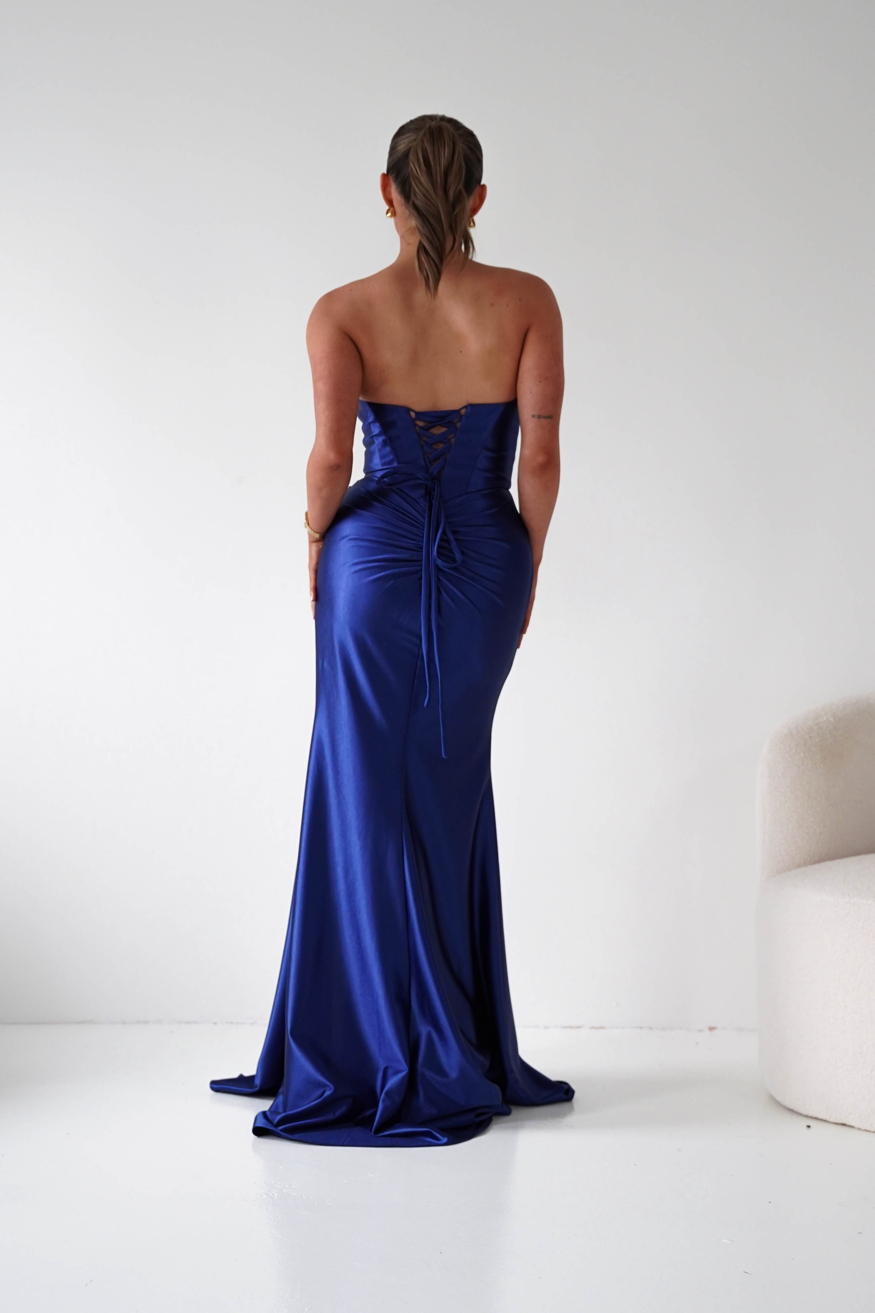 Oh Hello Clothing Women > Clothing > Dresses 1*DONE - Cinderalla-t723-Strapless Satin Maxi Dress with Side Slit in Navy