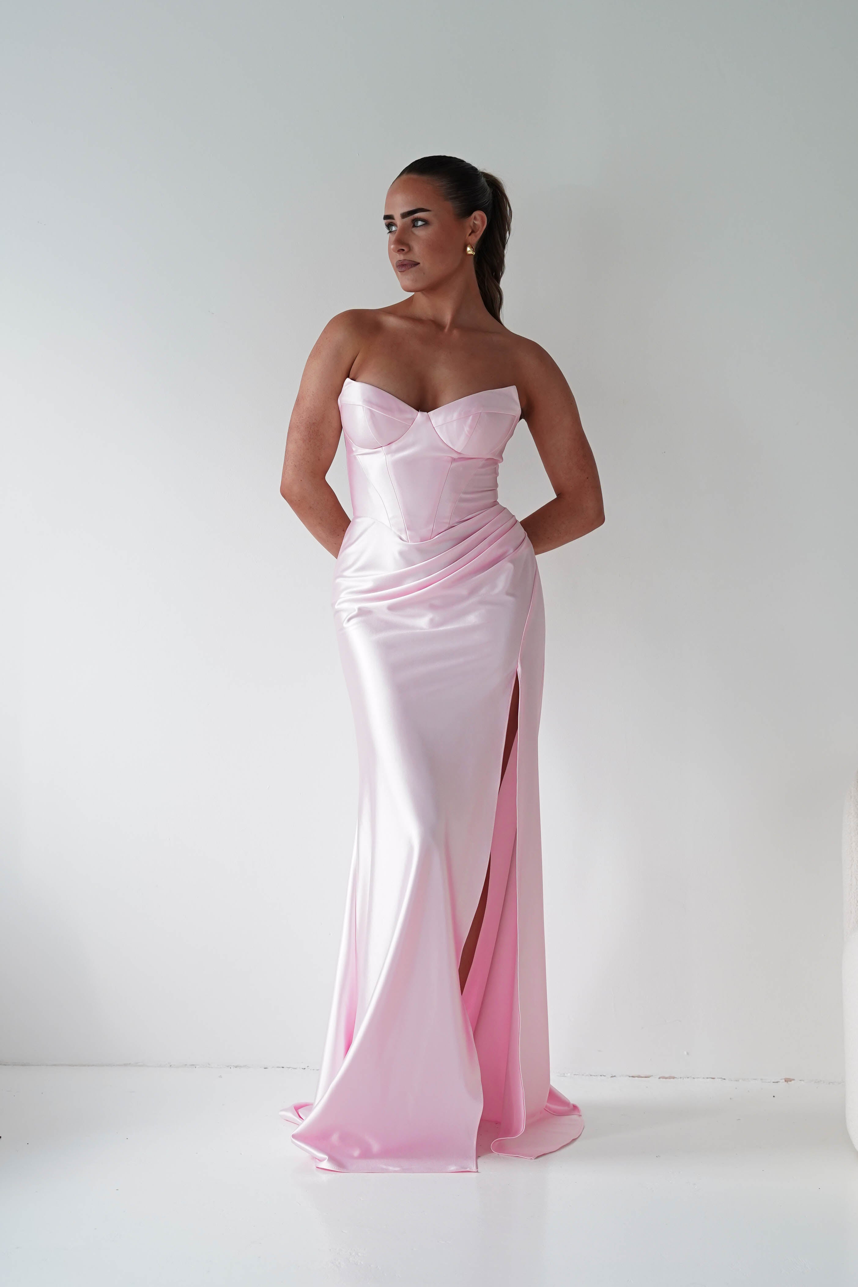 Oh Hello Clothing Women > Clothing > Dresses 1*DONE - Cinderalla-t723-Strapless Satin Maxi Dress with Side Slit in pink Copy)