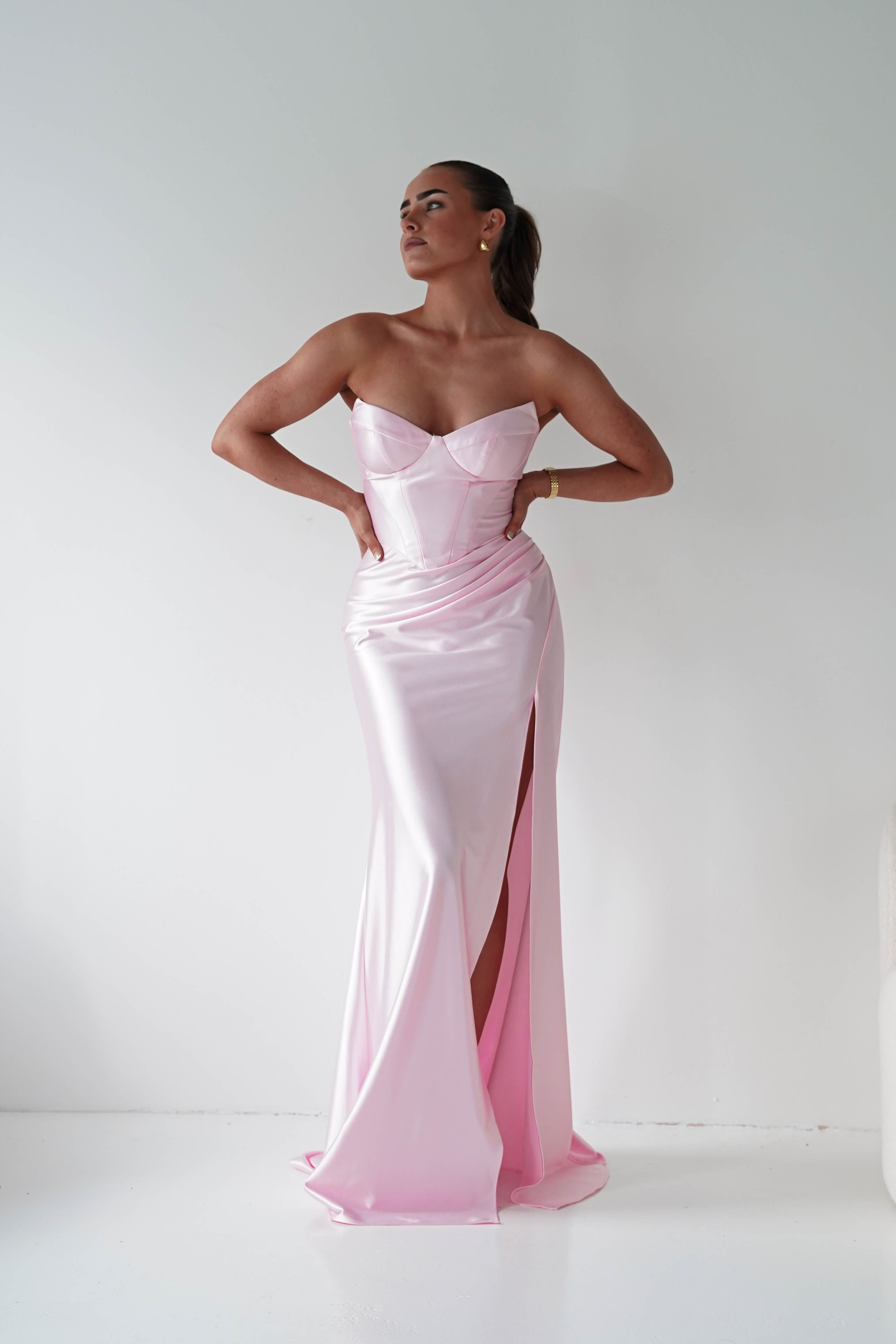 Oh Hello Clothing Women > Clothing > Dresses 1*DONE - Cinderalla-t723-Strapless Satin Maxi Dress with Side Slit in pink Copy)