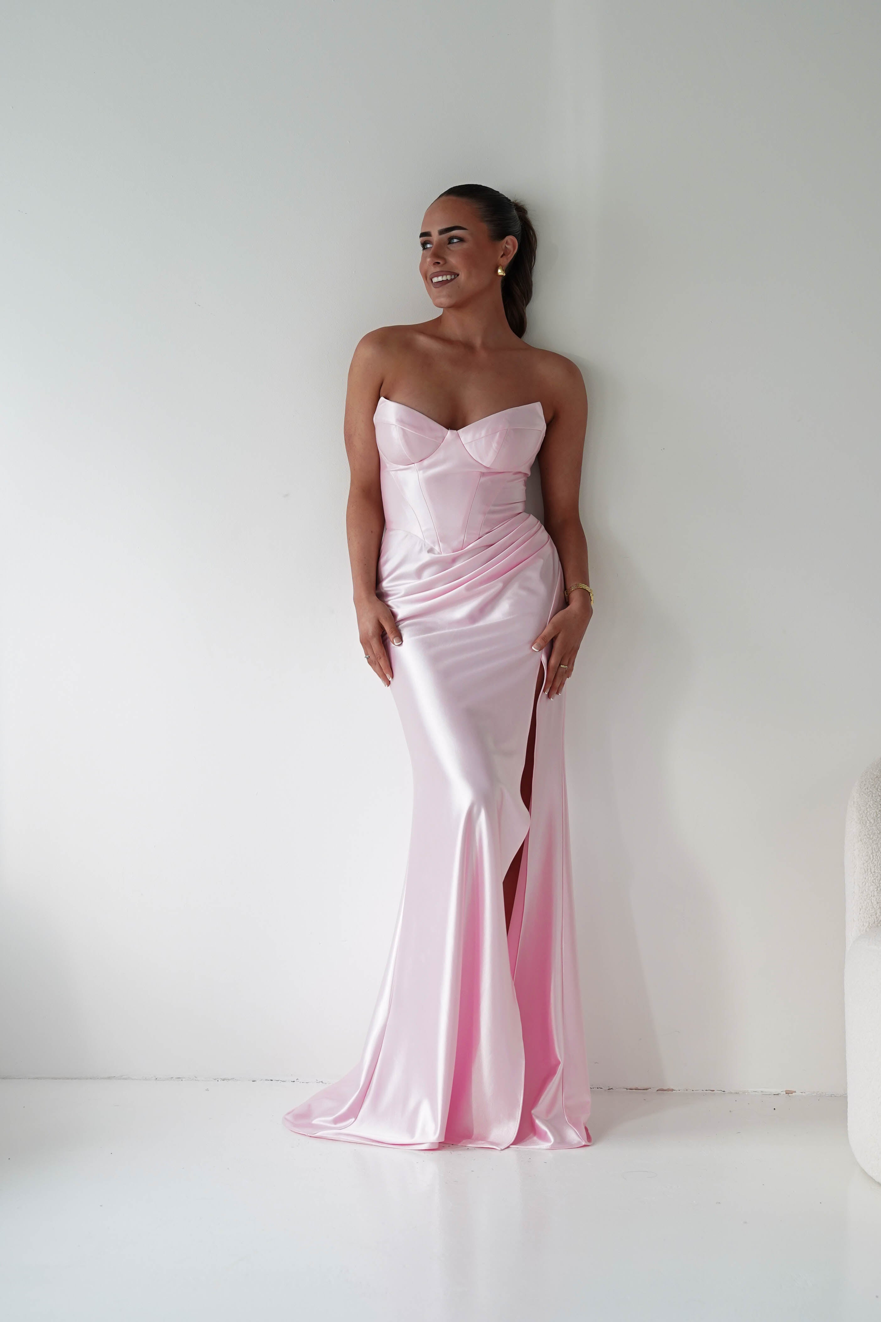 Oh Hello Clothing Women > Clothing > Dresses 1*DONE - Cinderalla-t723-Strapless Satin Maxi Dress with Side Slit in pink Copy)