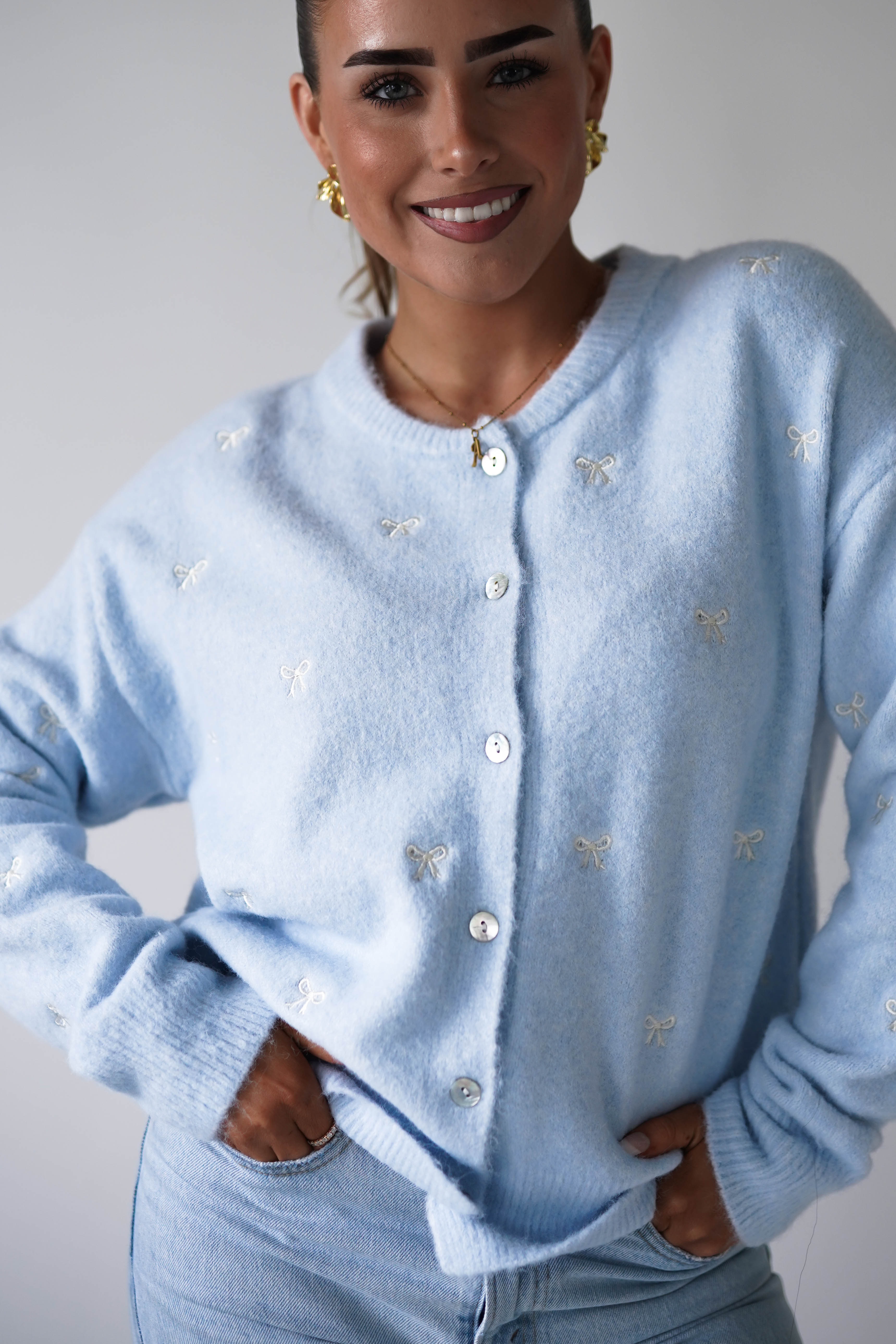 Oh Hello Clothing Women > Clothing > Knitwear ONE SIZE (6/12) 1*DONE-CLARA-BLUE CARDIGAN, WHITE BOWS