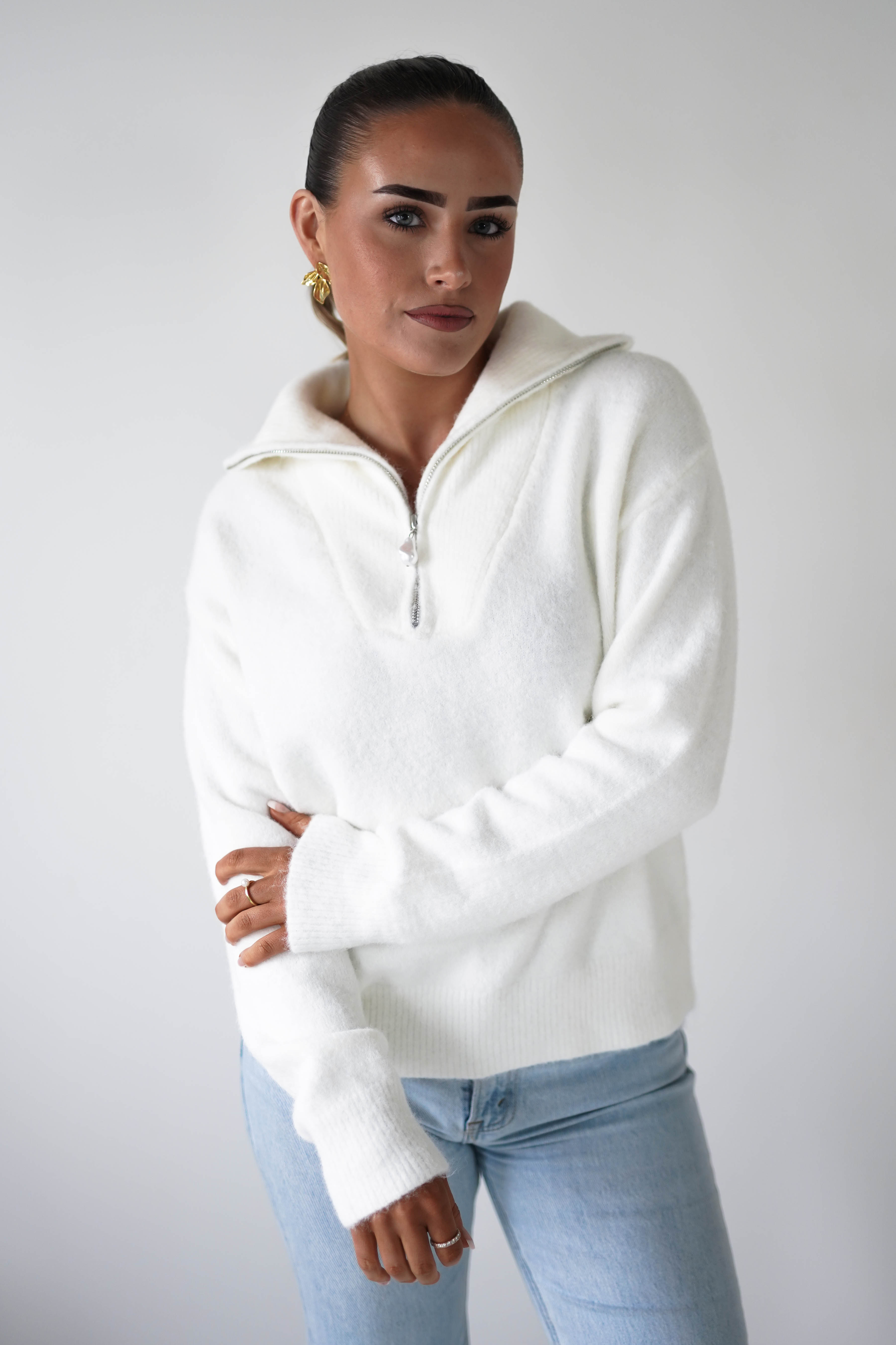 Oh Hello Clothing Women > Clothing > Knitwear ONE SIZE (6/12) 1*DONE-CLARA-SH730P-HALF ZIPWHITE JUMPER (Copy)