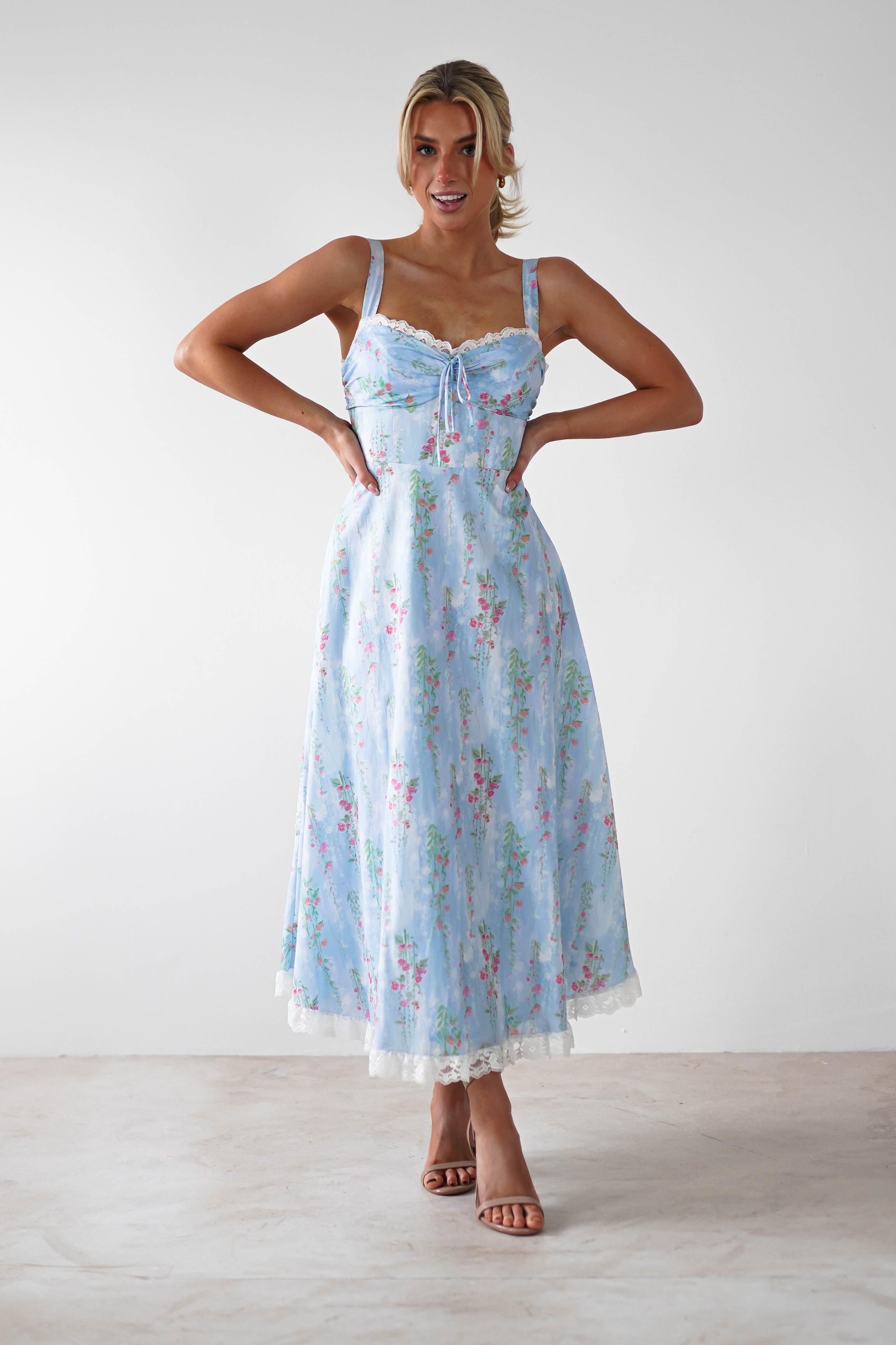 Lanie Skater Floral Cotton Midi Dress | Blue - Oh Hello Clothing