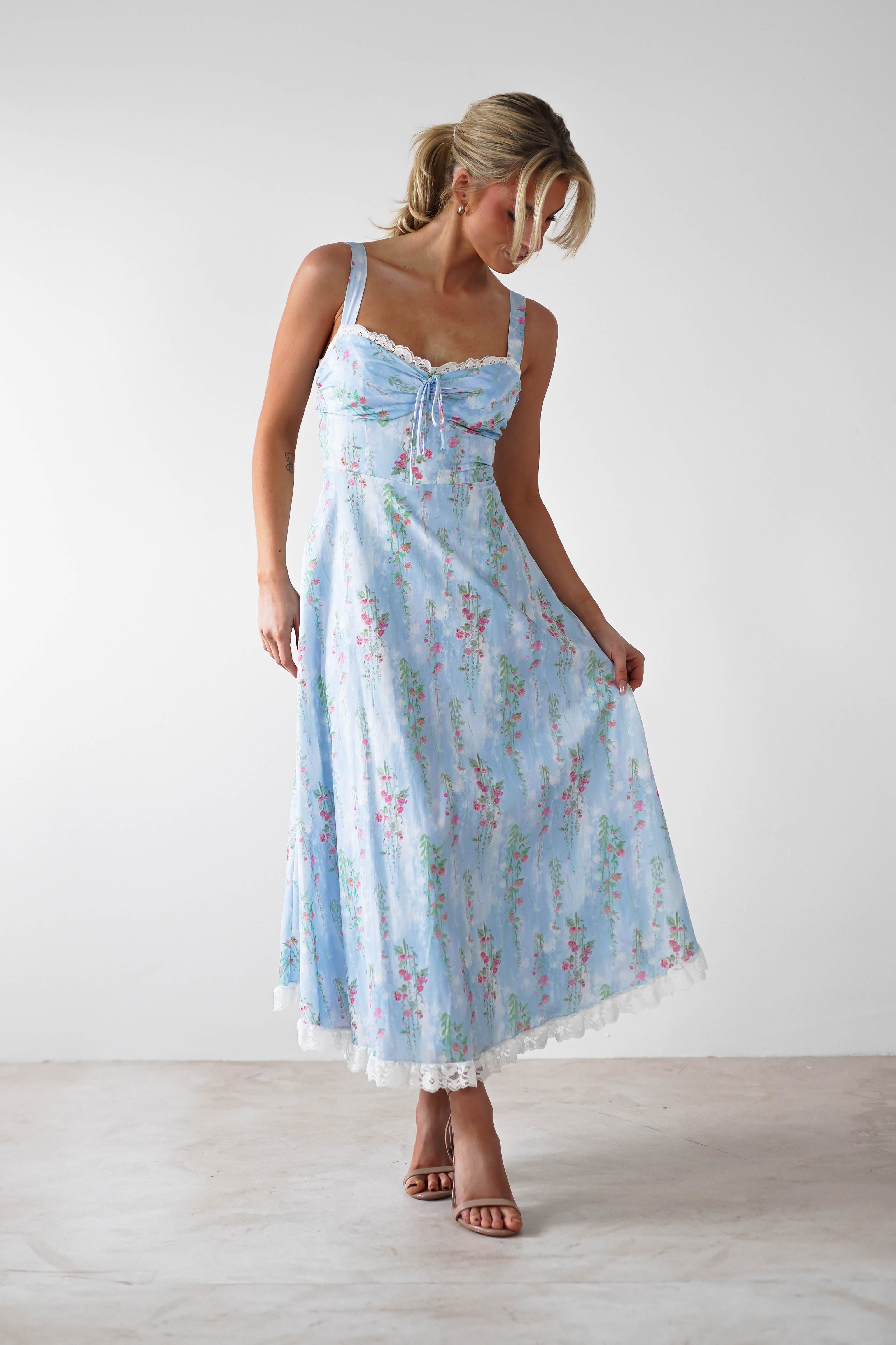 Lanie Skater Floral Cotton Midi Dress | Blue - Oh Hello Clothing