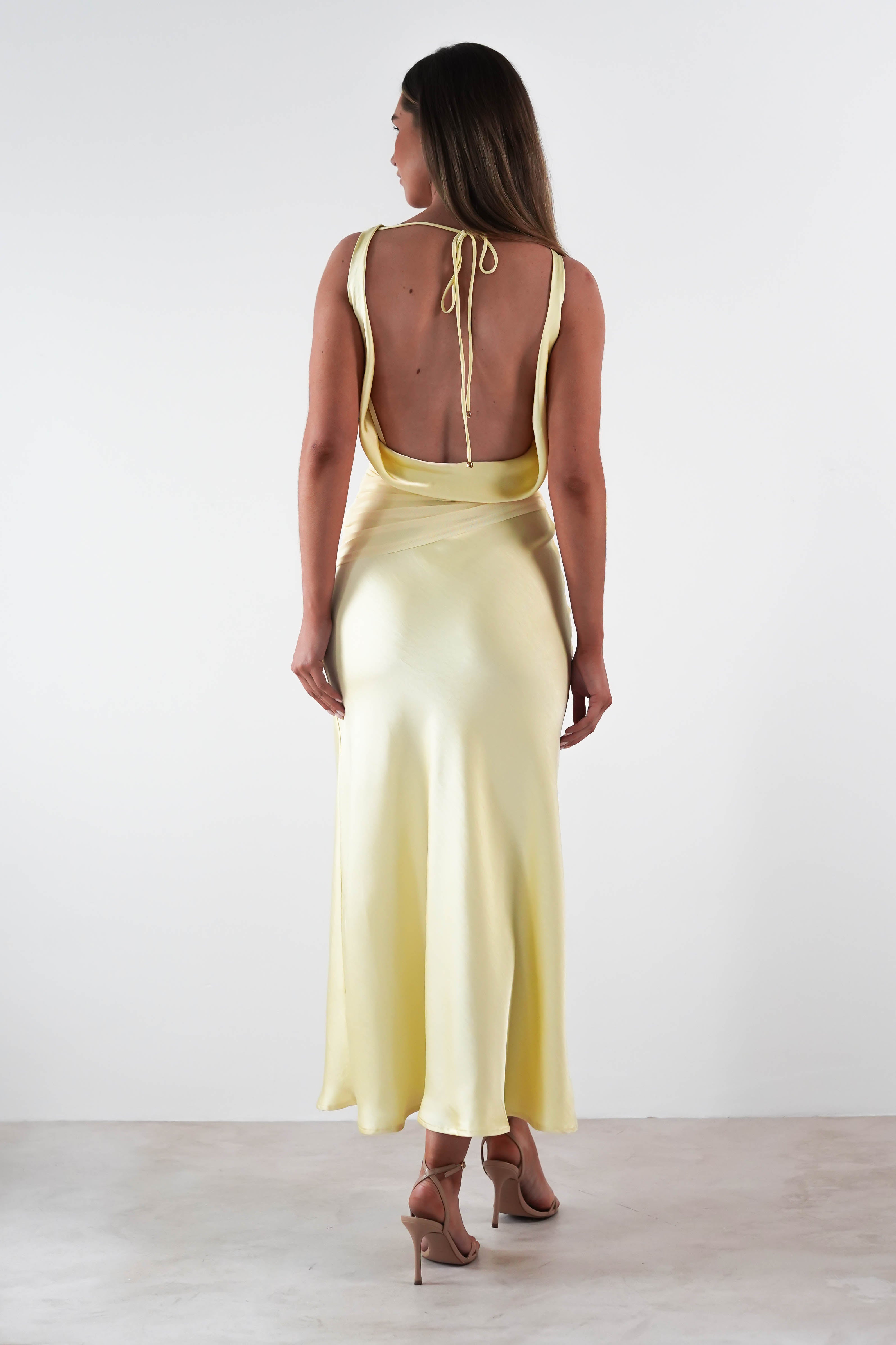 Thea Mesh Midriff Soft Satin Maxi Dress | Yellow | Oh Hello Clothing | XS (6)