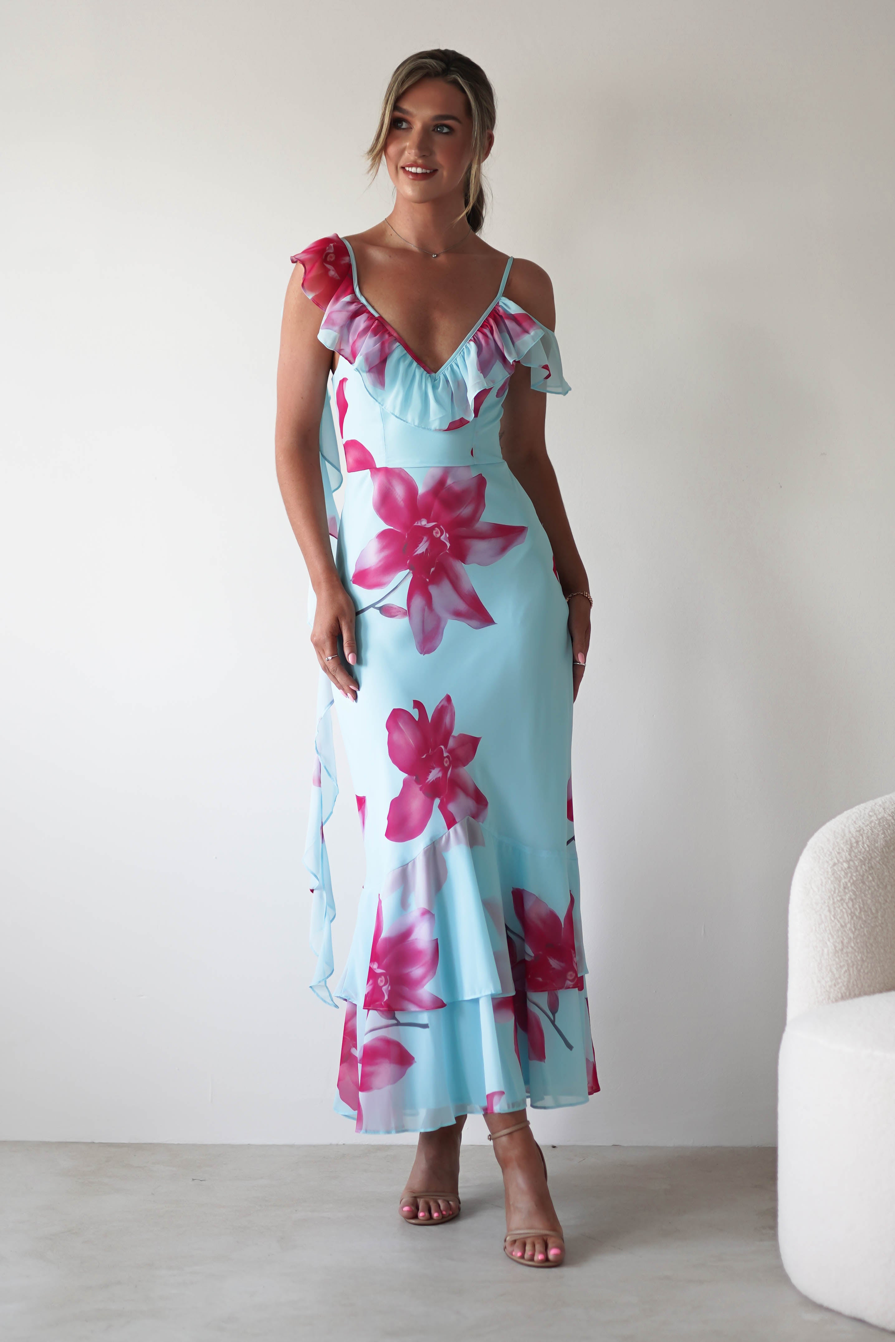 Leonie Floral Print Maxi Dress | Blue | Oh Hello Clothing | XS (6)