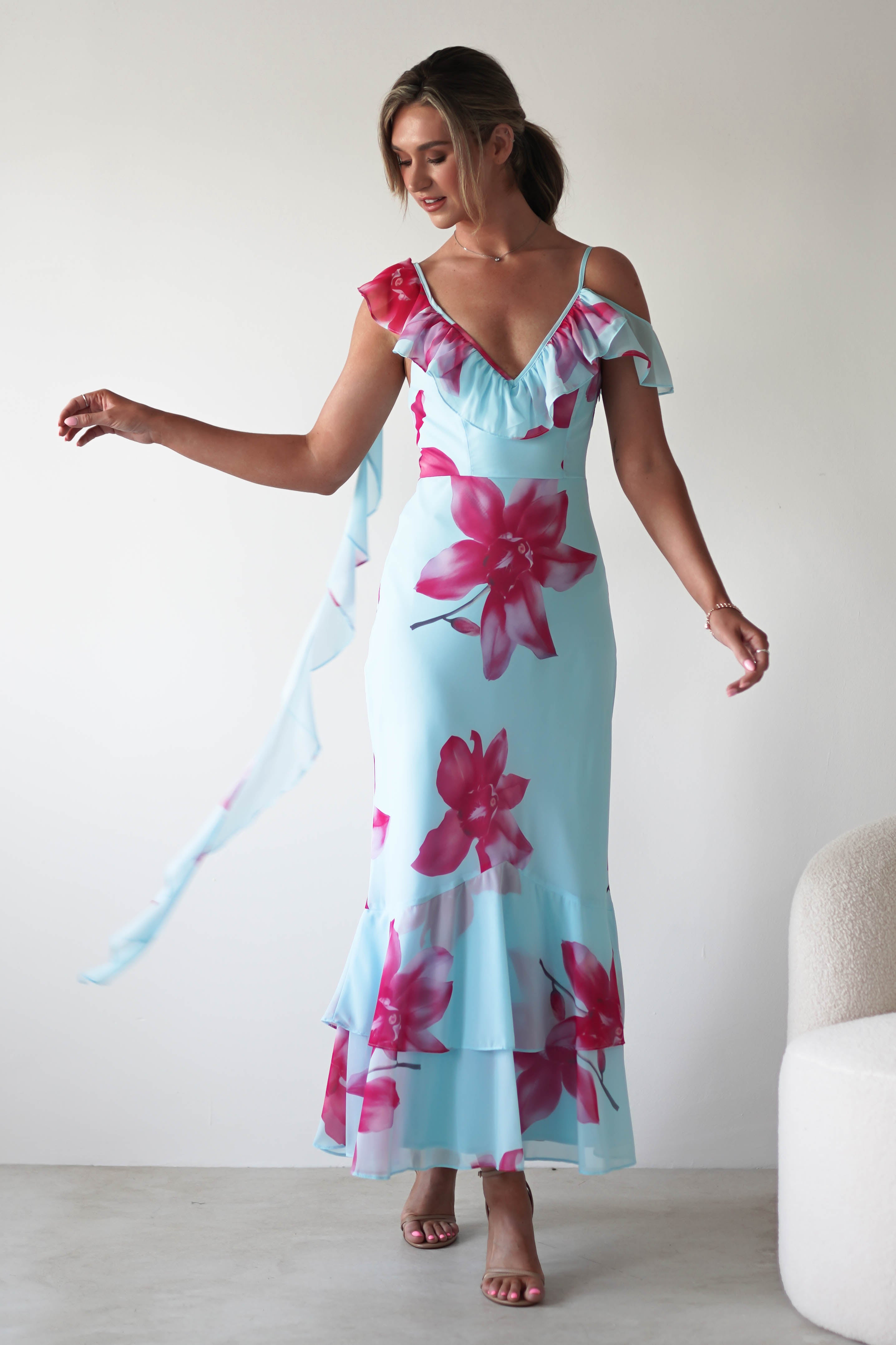 Leonie Floral Print Maxi Dress | Blue | Oh Hello Clothing | XS (6)