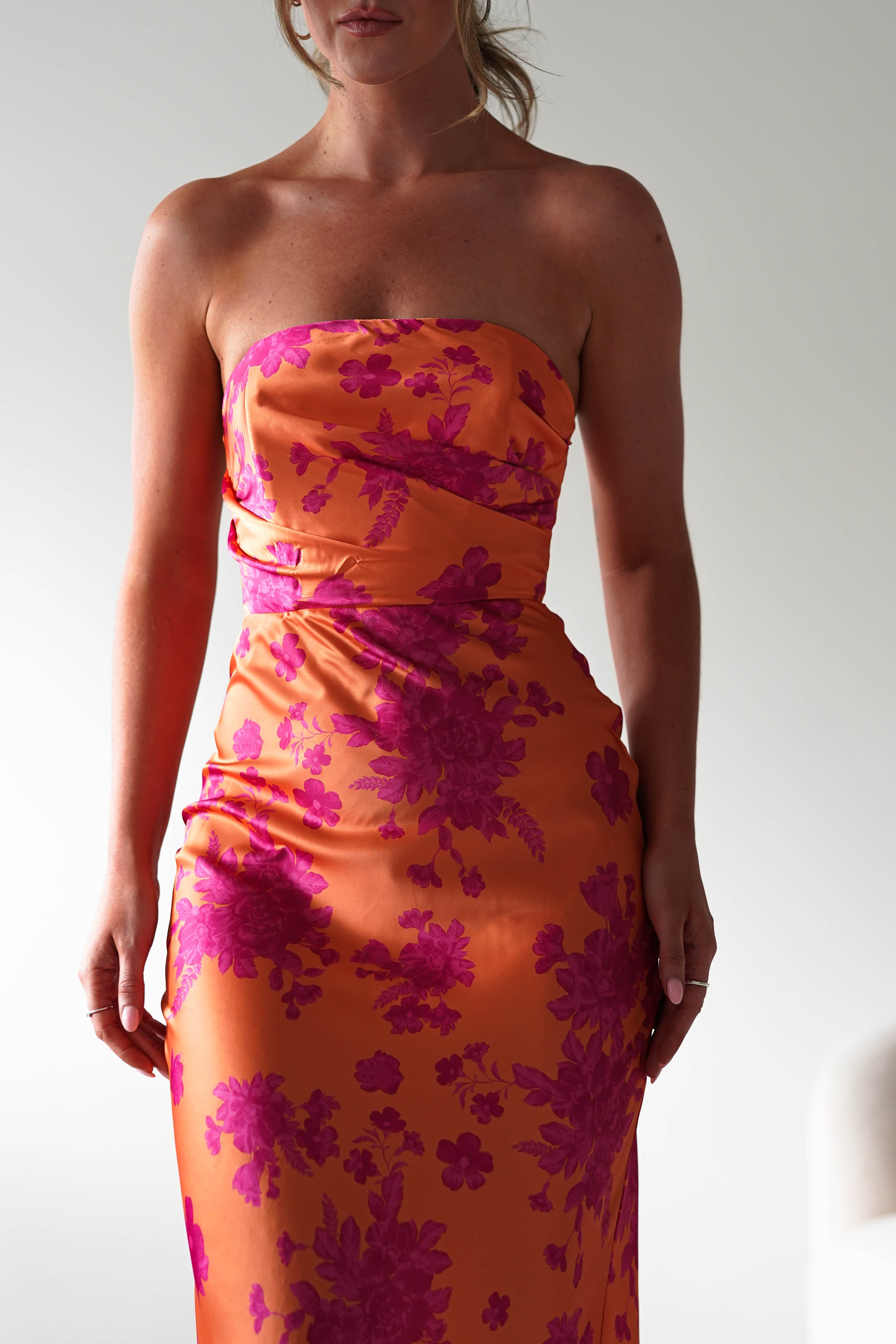 Anthonia Floral Satin Maxi Dress | Orange/Pink | Oh Hello Clothing | XS (6)