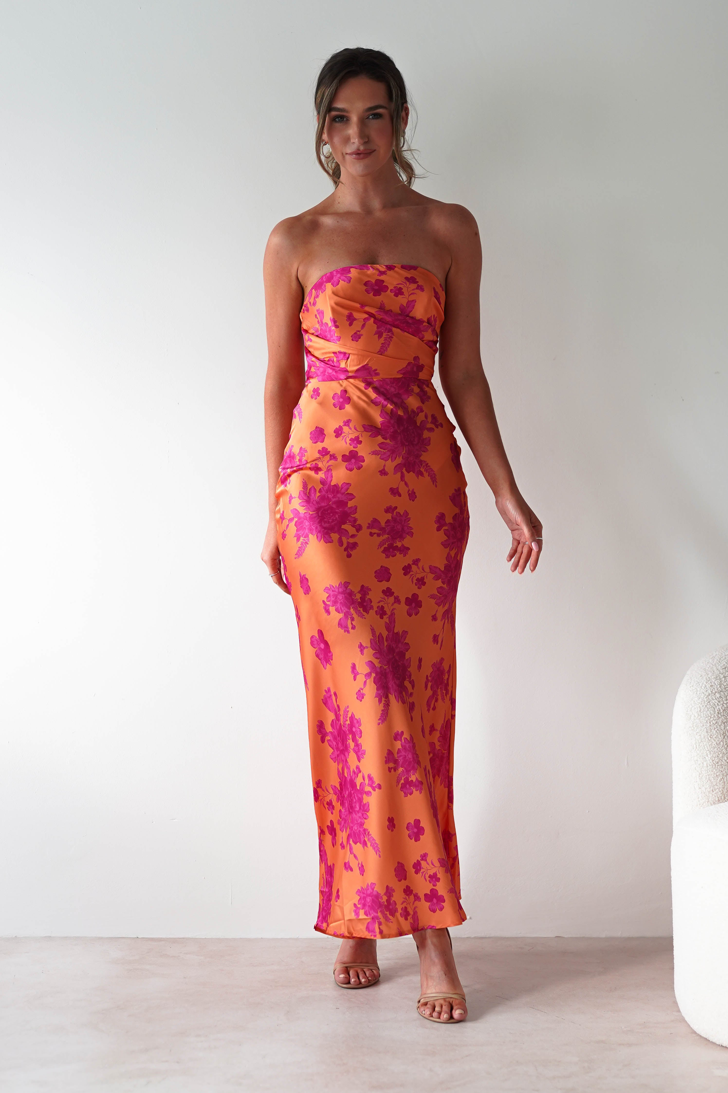 Anthonia Floral Satin Maxi Dress | Orange/Pink | Oh Hello Clothing | XS (6)