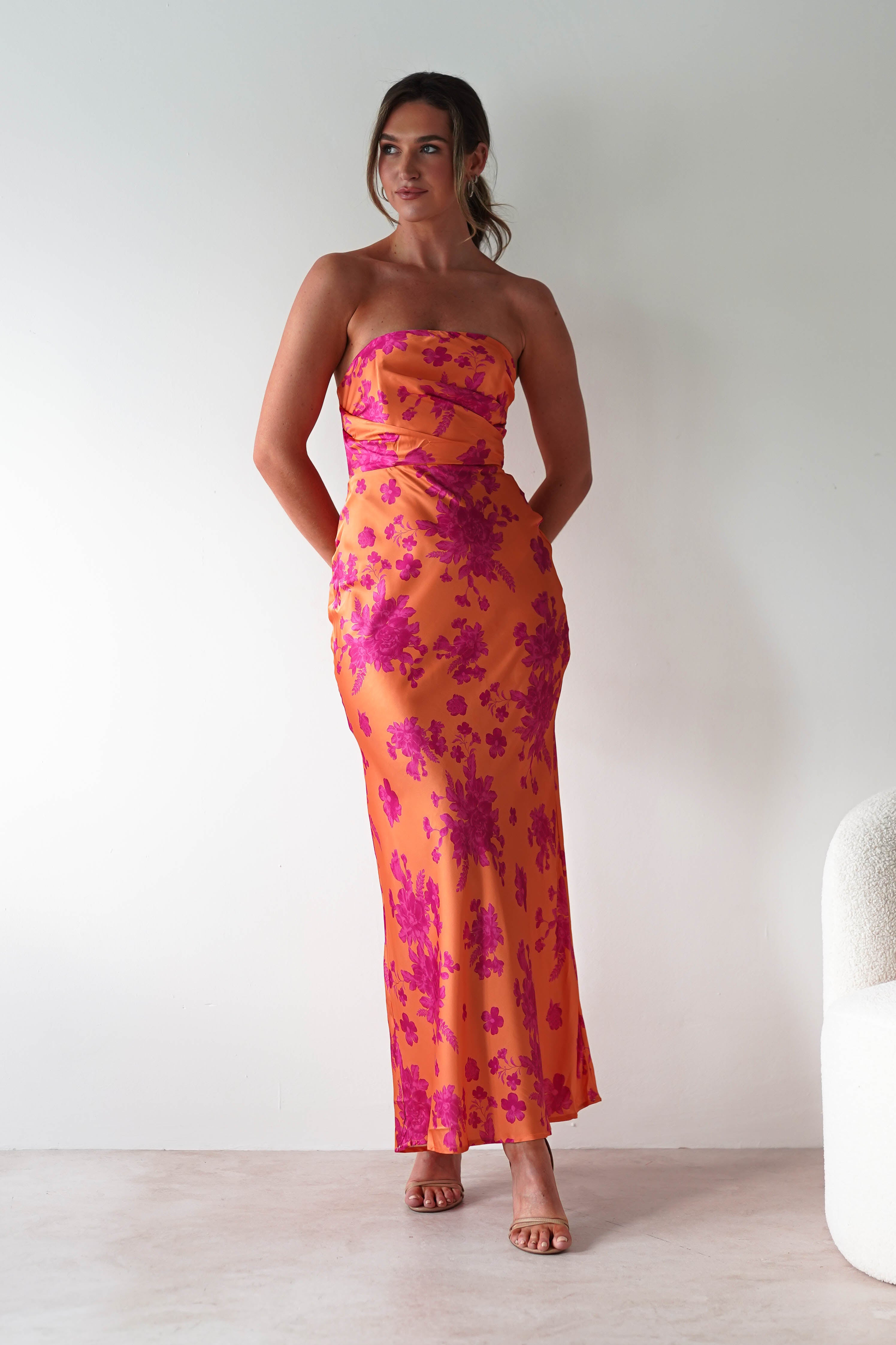 Anthonia Floral Satin Maxi Dress | Orange/Pink | Oh Hello Clothing | XS (6)