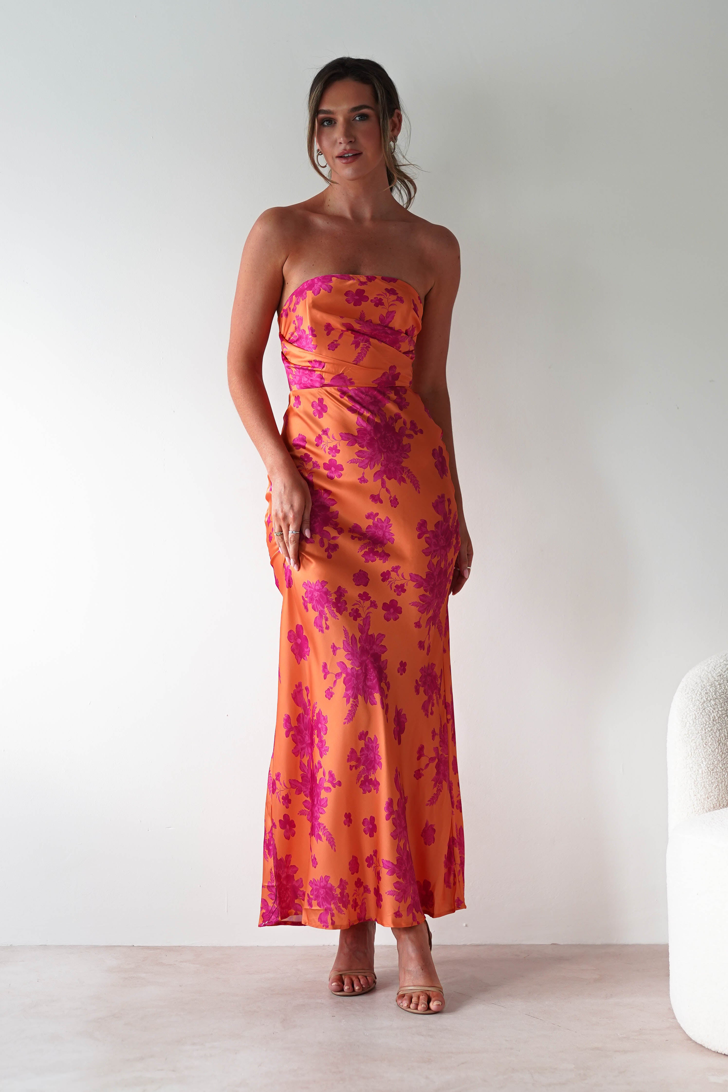 Anthonia Floral Satin Maxi Dress | Orange/Pink | Oh Hello Clothing | XS (6)