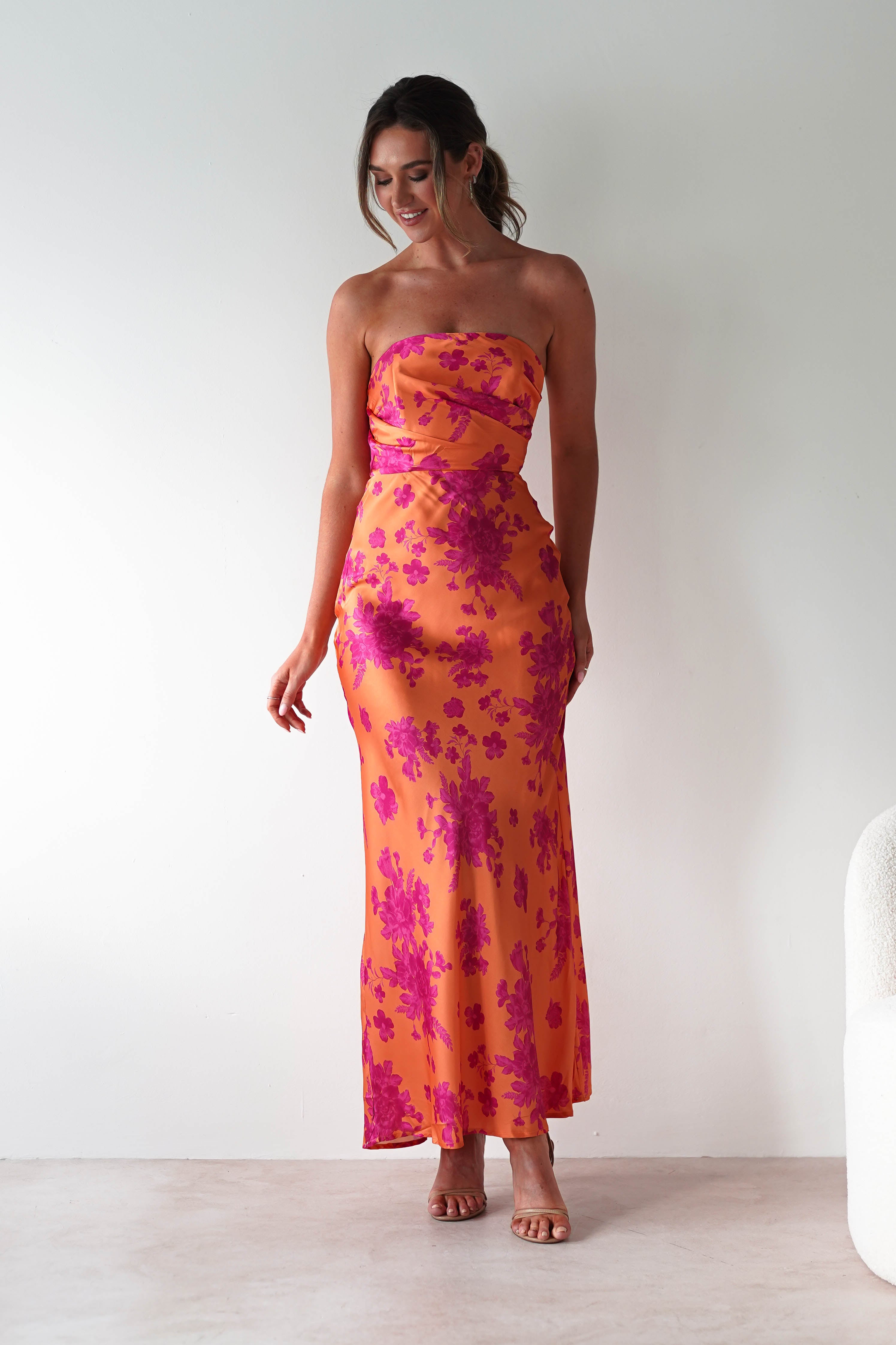 Anthonia Floral Satin Maxi Dress | Orange/Pink | Oh Hello Clothing | XS (6)