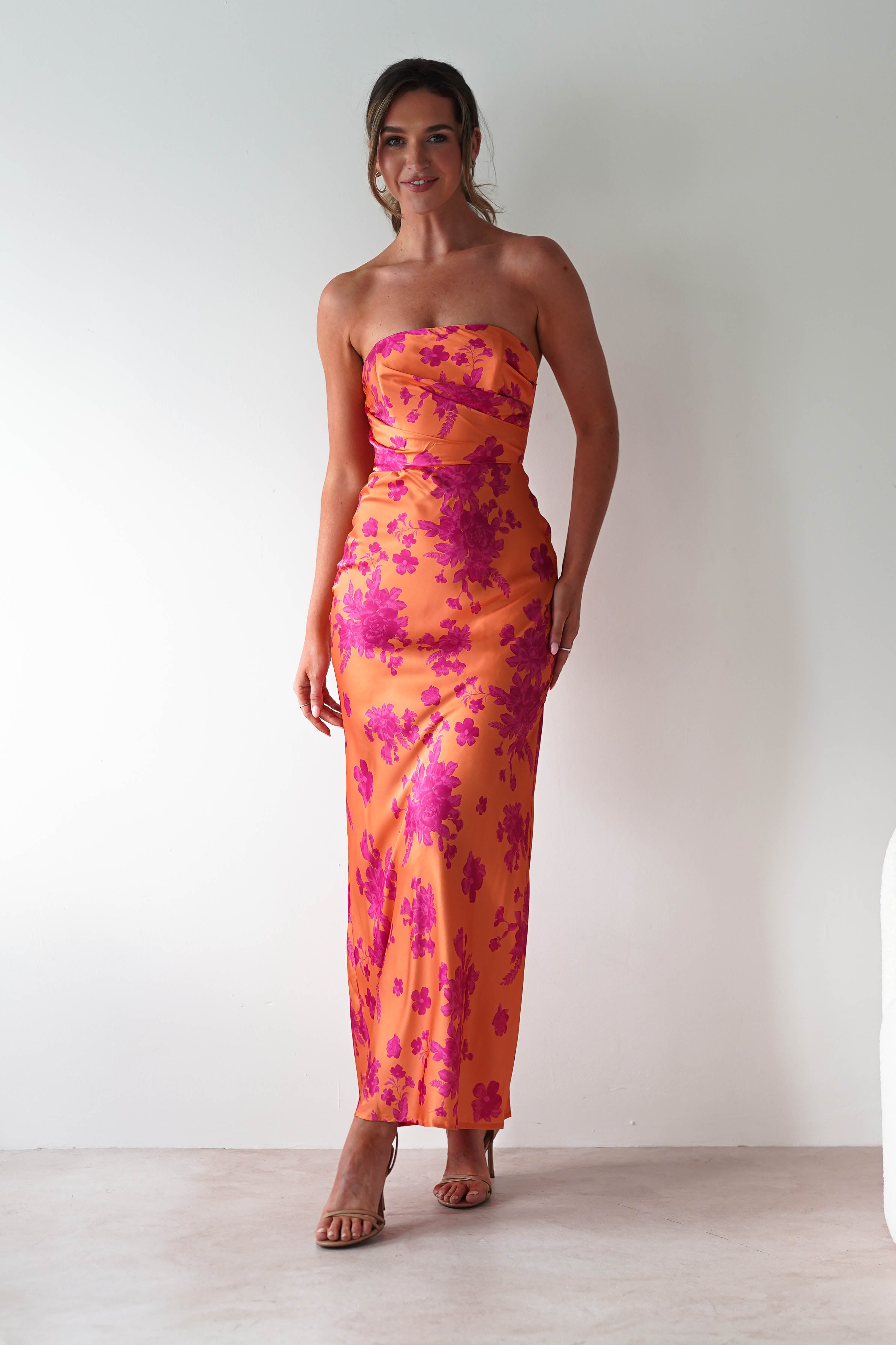 Anthonia Floral Satin Maxi Dress | Orange/Pink | Oh Hello Clothing | XS (6)