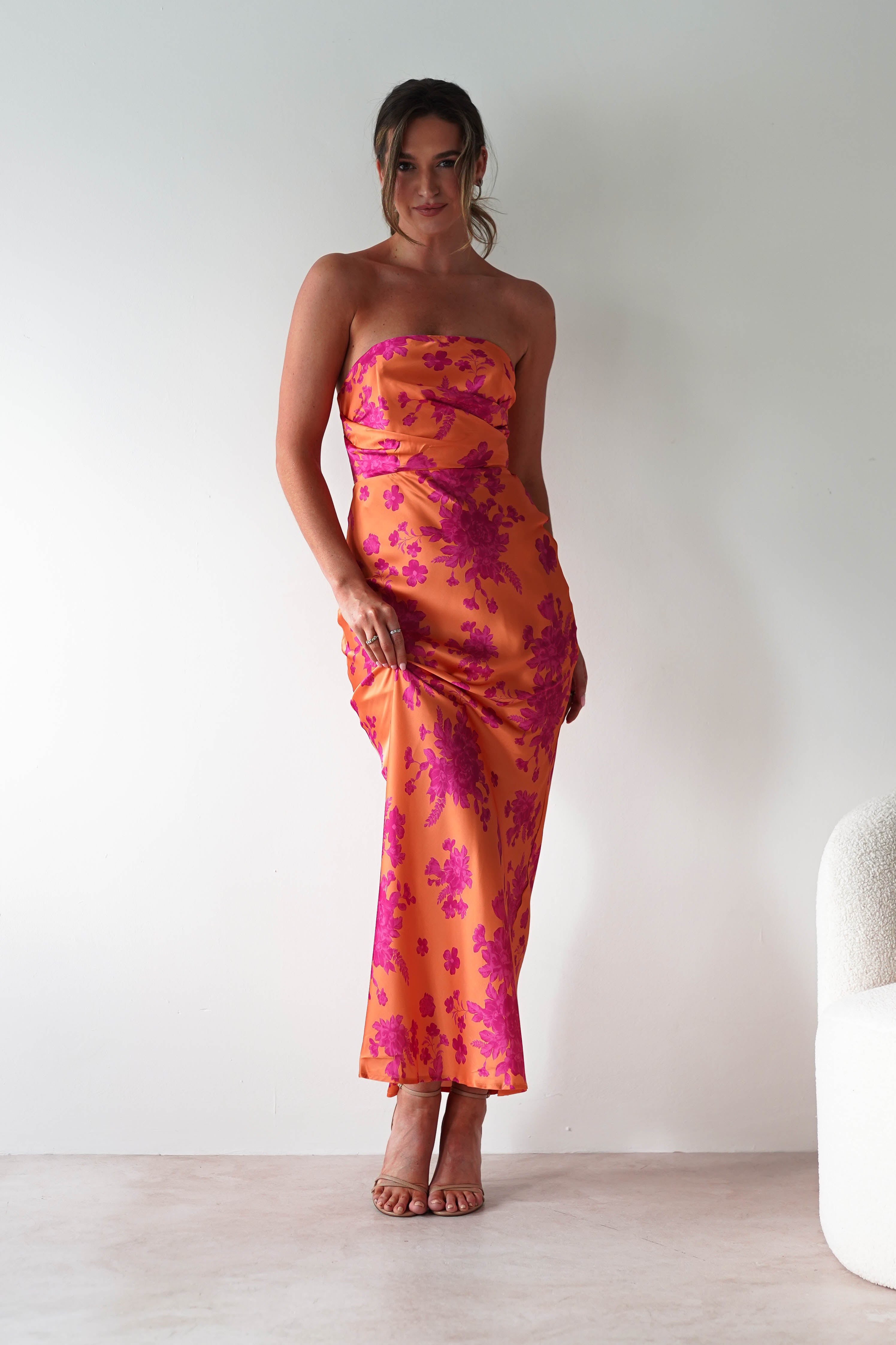 Anthonia Floral Satin Maxi Dress | Orange/Pink | Oh Hello Clothing | XS (6)