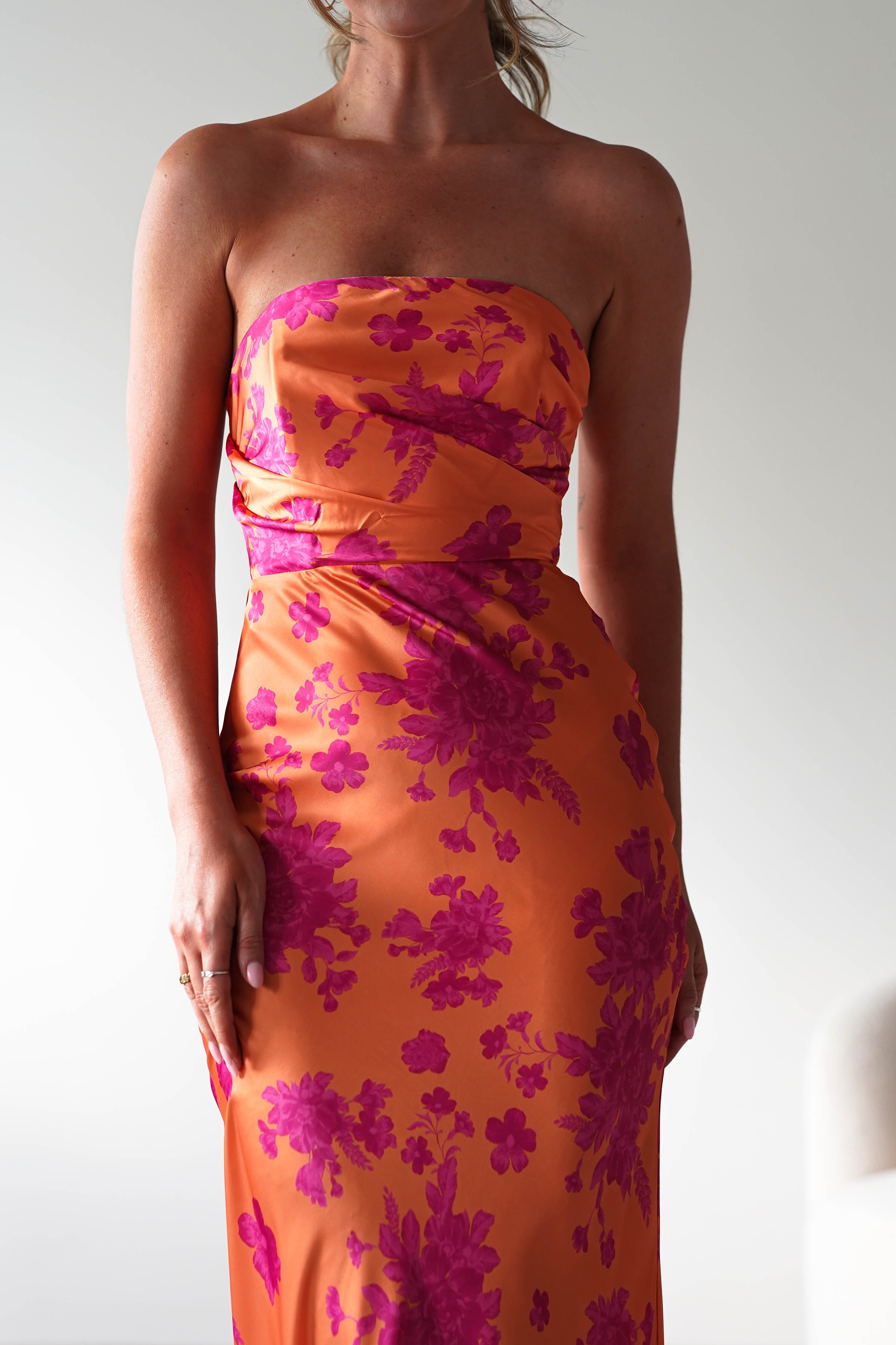 Anthonia Floral Satin Maxi Dress | Orange/Pink | Oh Hello Clothing | XS (6)
