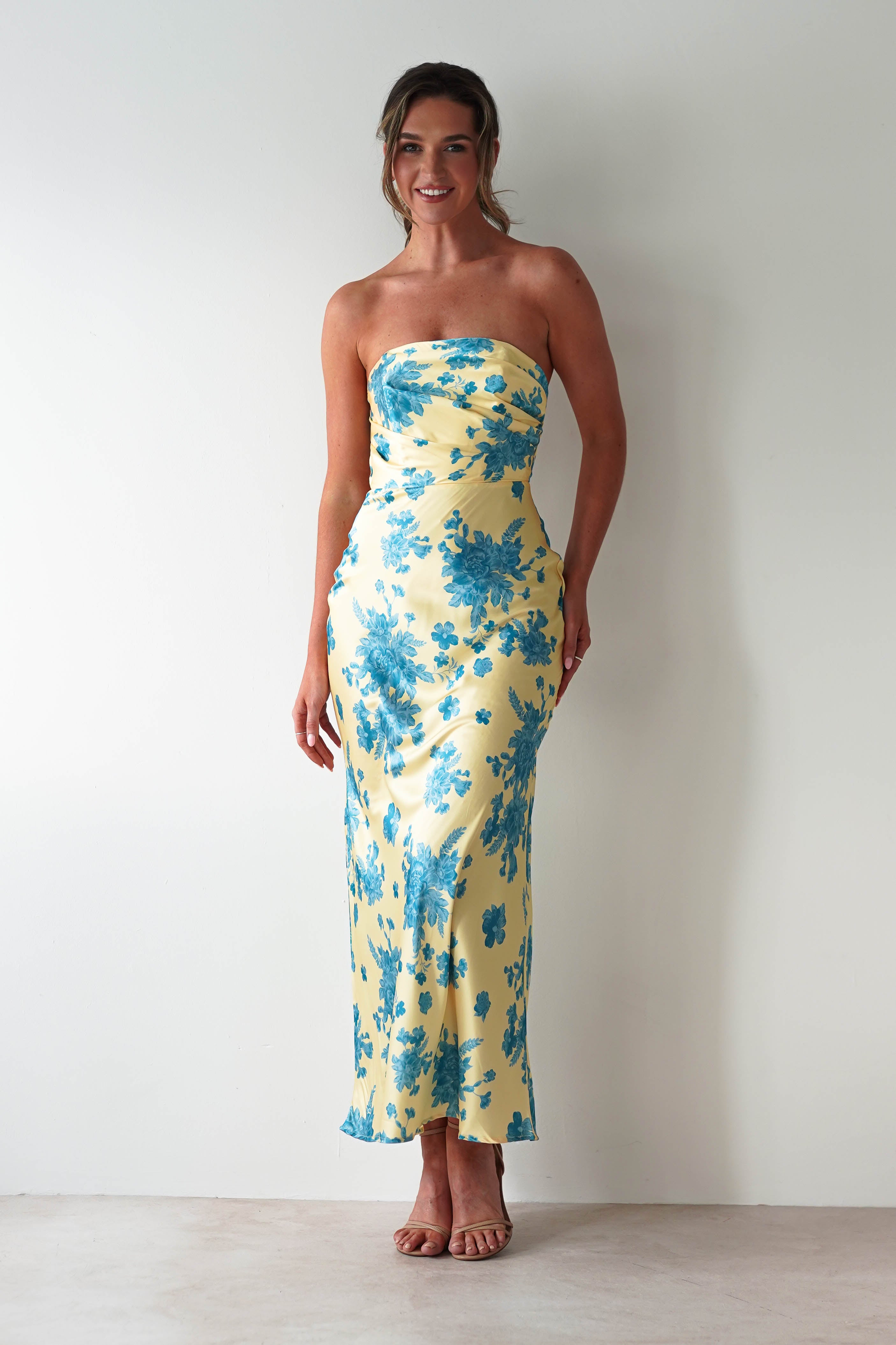 Anthonia Floral Satin Maxi Dress | Yellow/Blue | Oh Hello Clothing | XS (6)