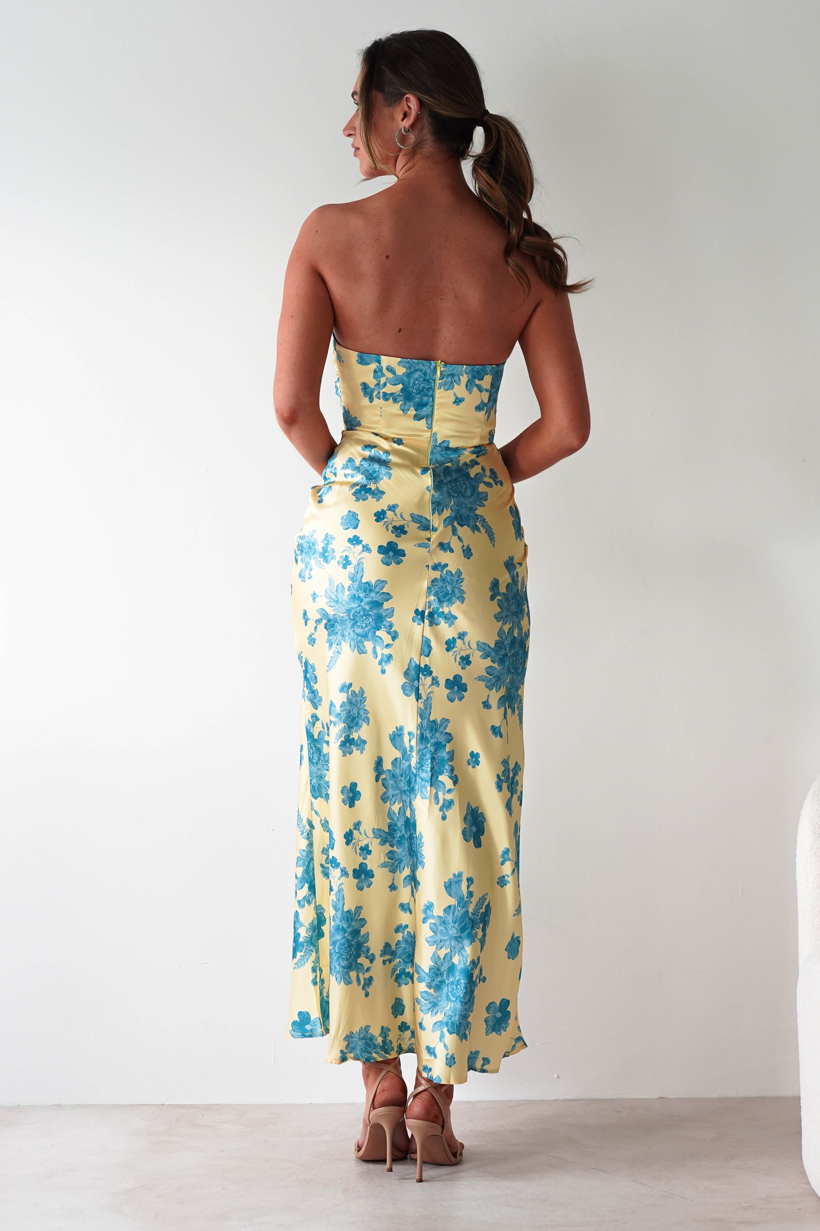Anthonia Floral Satin Maxi Dress | Yellow/Blue | Oh Hello Clothing | XS (6)