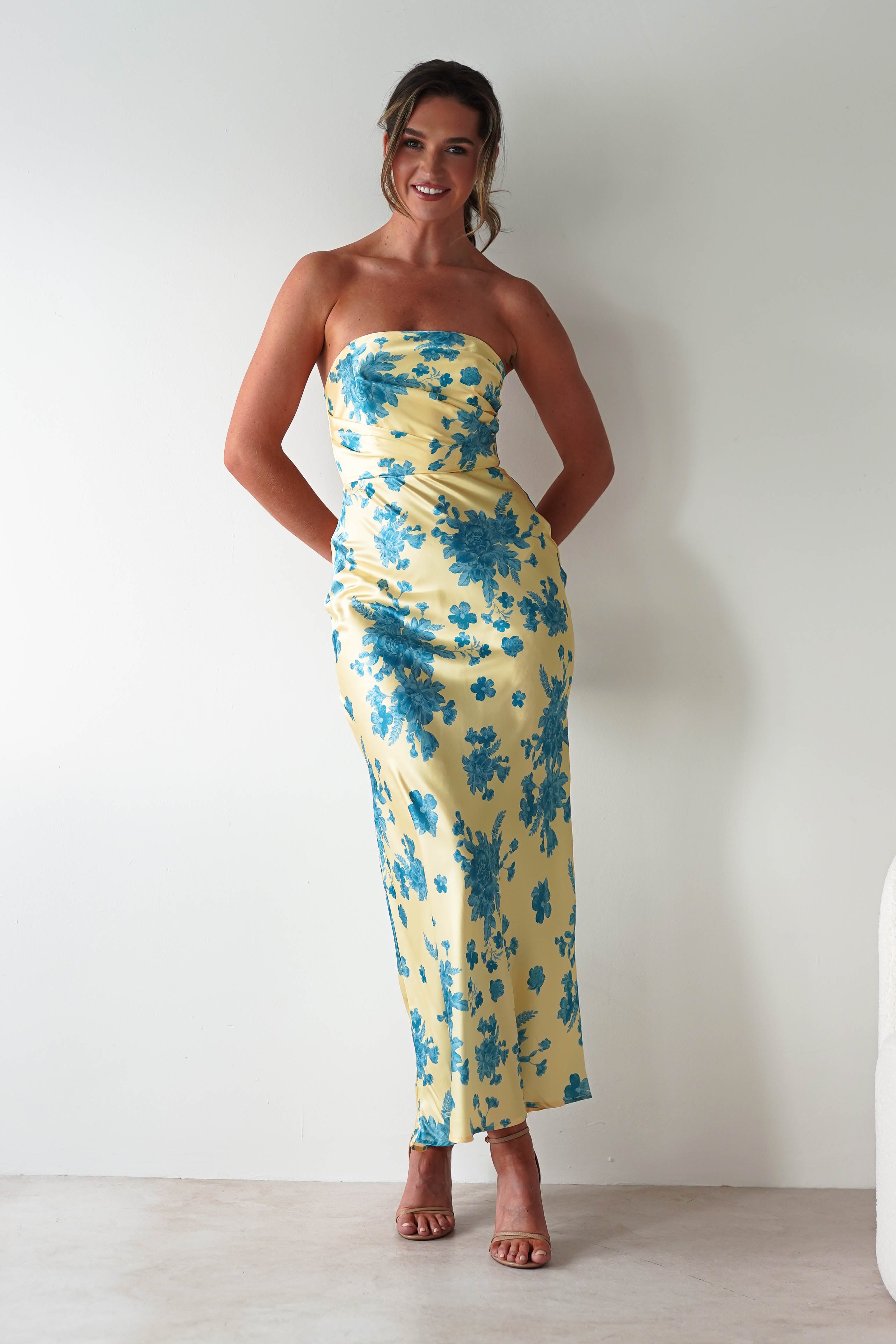 Anthonia Floral Satin Maxi Dress | Yellow/Blue | Oh Hello Clothing | XS (6)