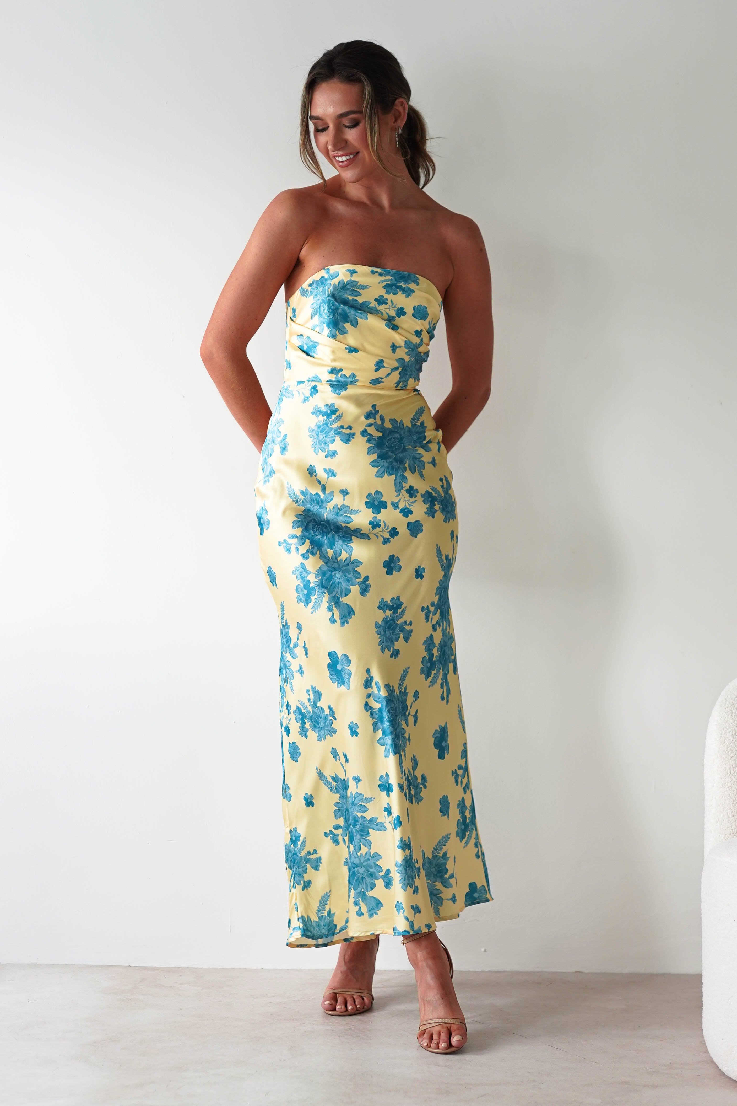 Anthonia Floral Satin Maxi Dress | Yellow/Blue | Oh Hello Clothing | XS (6)