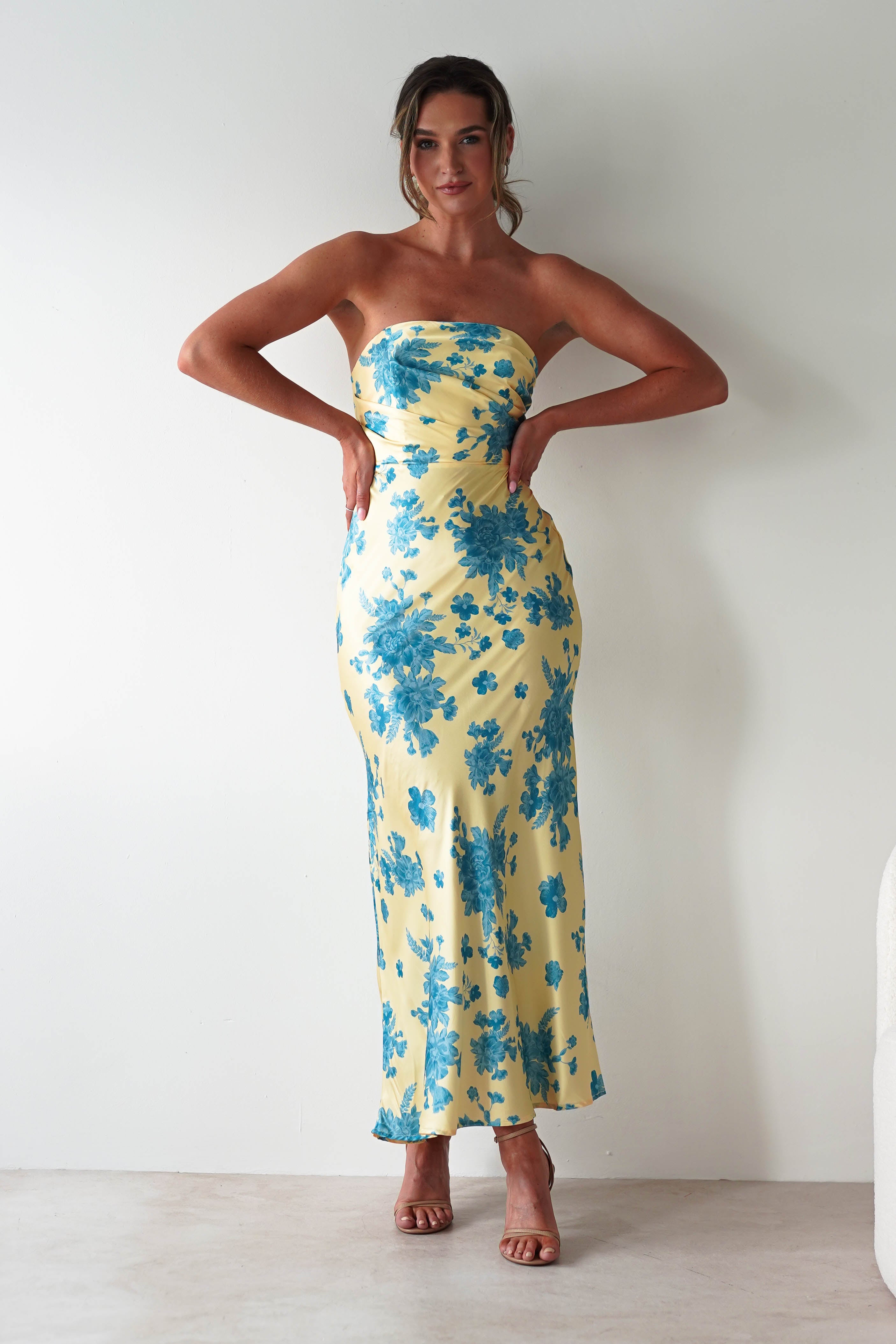 Anthonia Floral Satin Maxi Dress | Yellow/Blue | Oh Hello Clothing | XS (6)