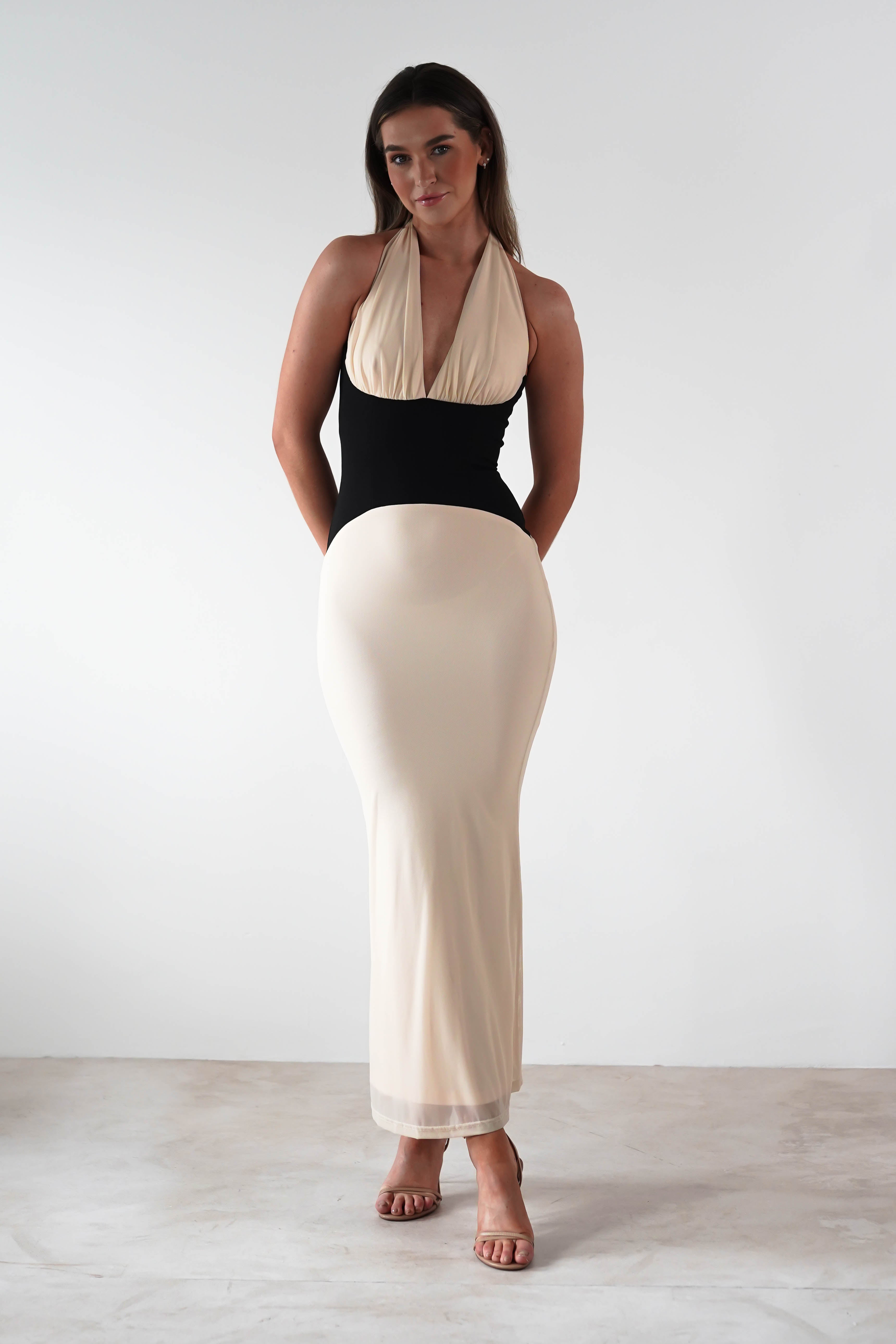 Addae Bodycon Mesh Maxi Dress | Beige/Black | Oh Hello Clothing | XS (6)