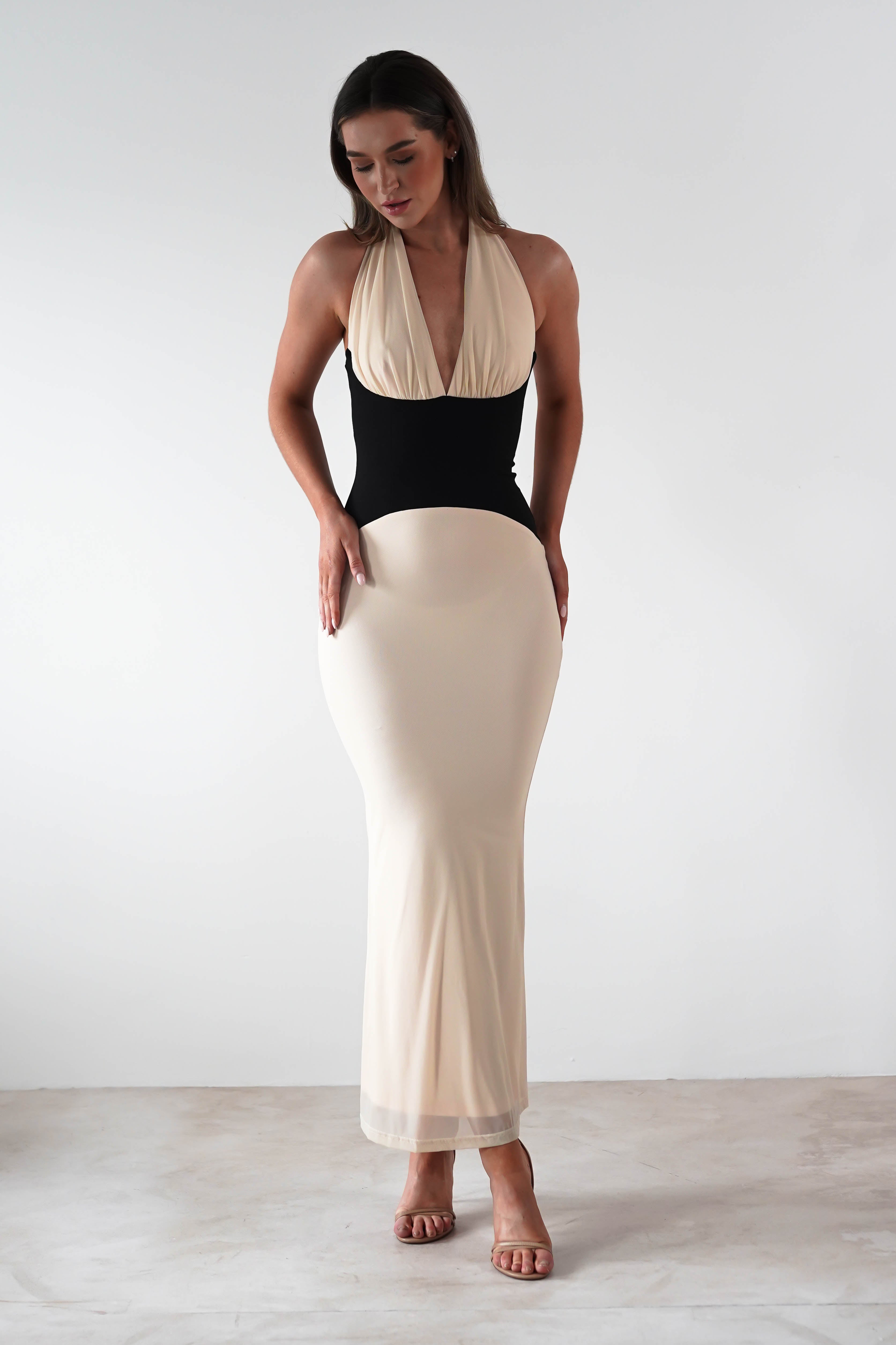 Addae Bodycon Mesh Maxi Dress | Beige/Black | Oh Hello Clothing | XS (6)