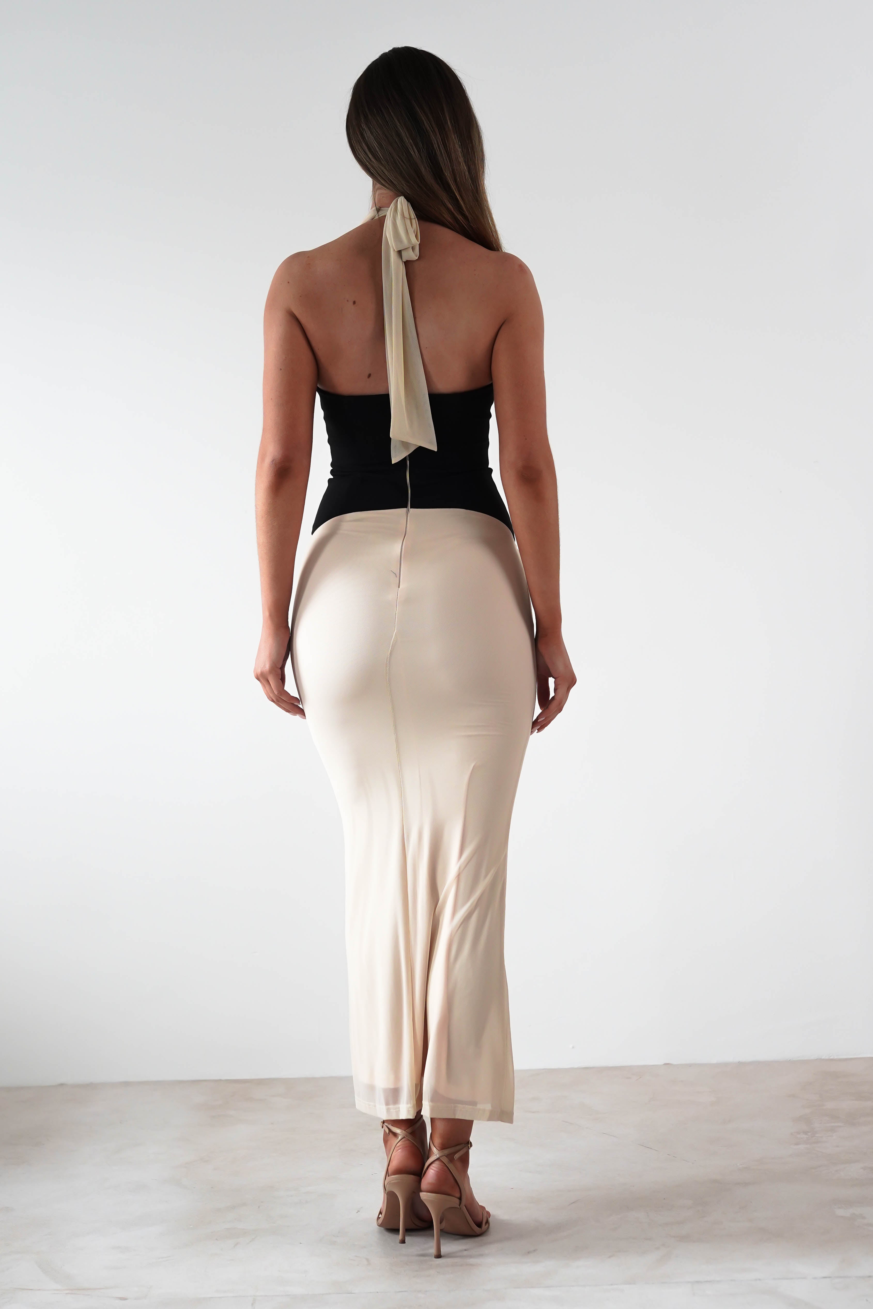 Addae Bodycon Mesh Maxi Dress | Beige/Black | Oh Hello Clothing | XS (6)