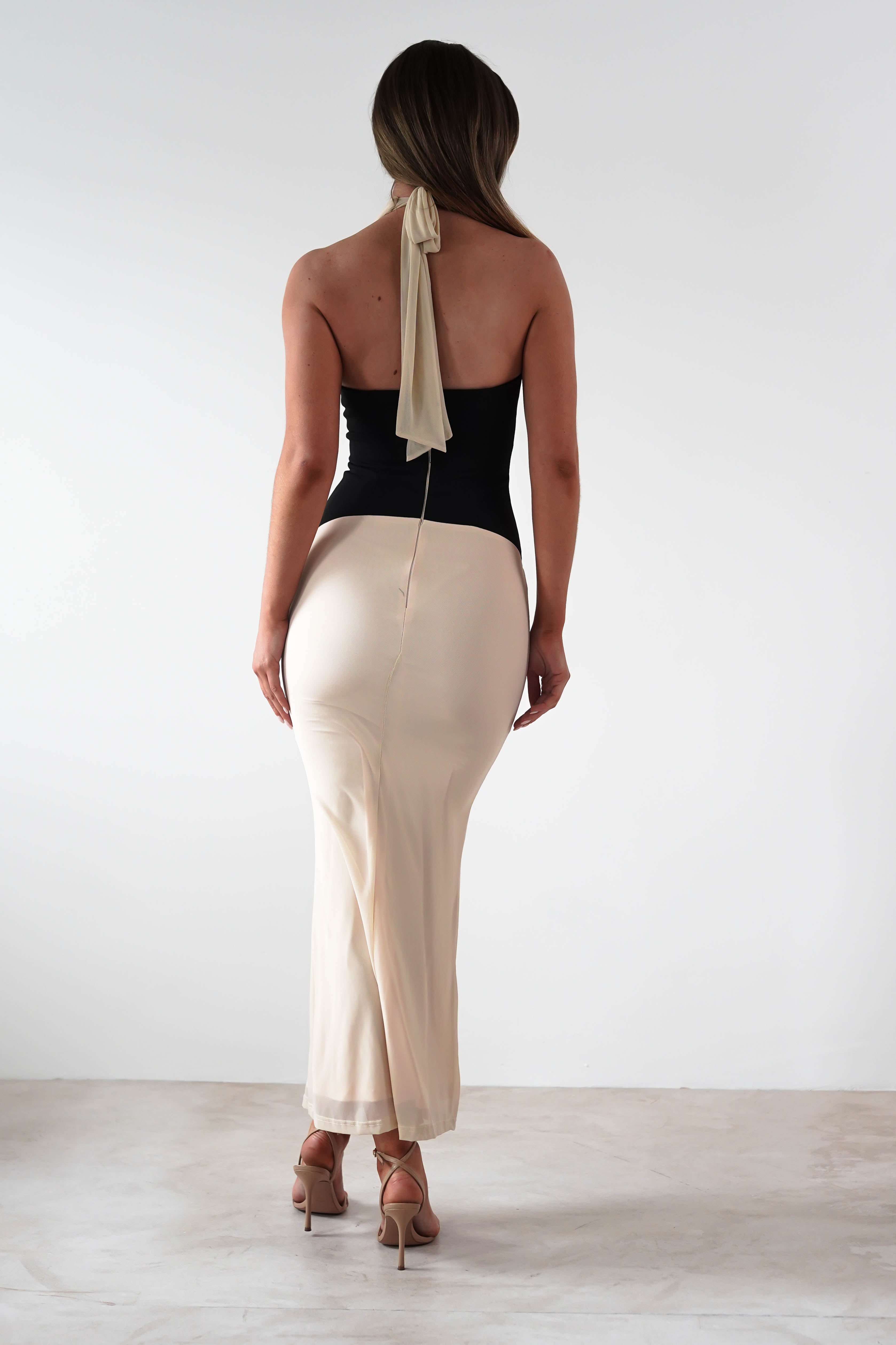Addae Bodycon Mesh Maxi Dress | Beige/Black - Oh Hello Clothing
