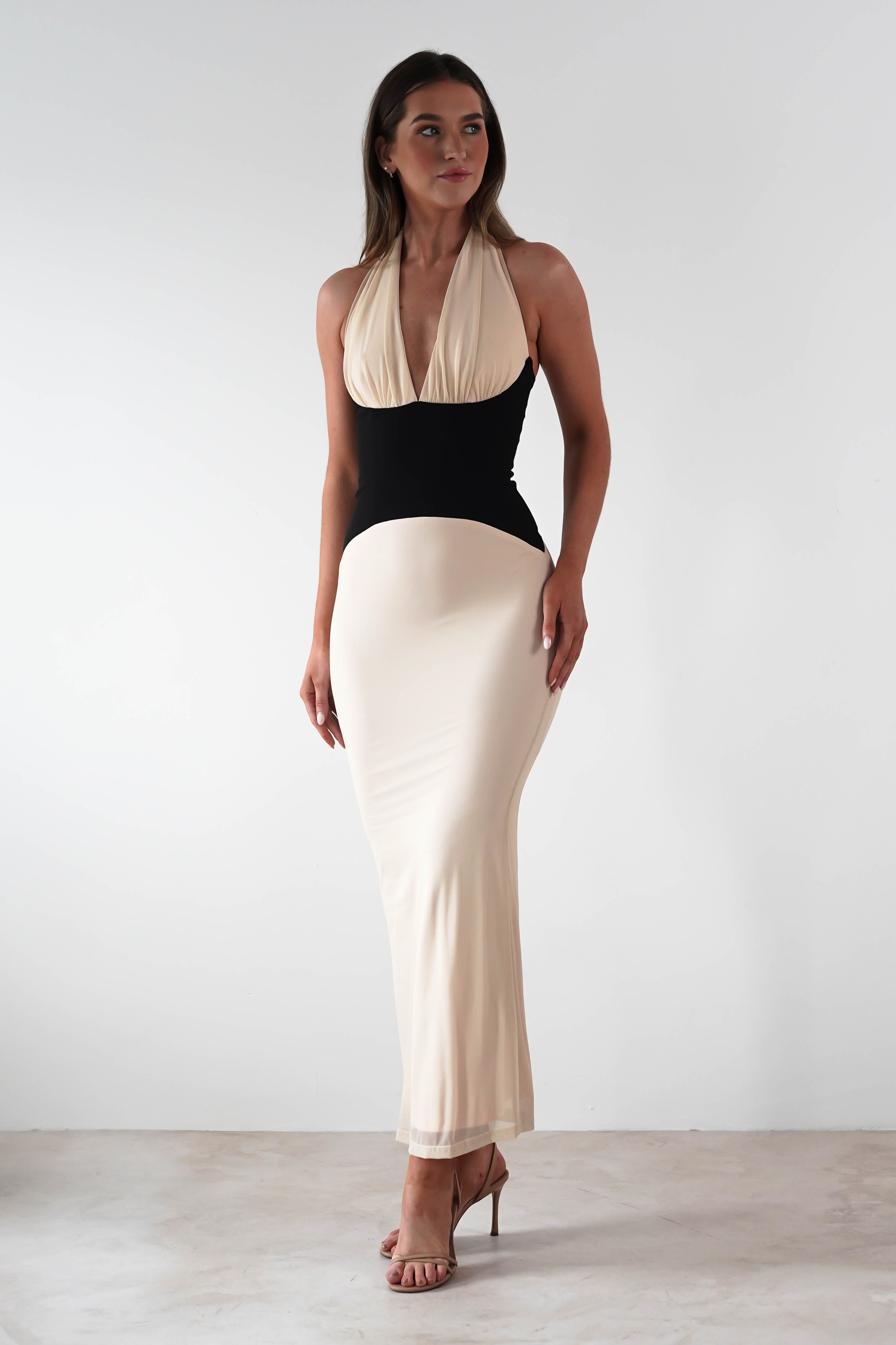 Addae Bodycon Mesh Maxi Dress | Beige/Black | Oh Hello Clothing | XS (6)