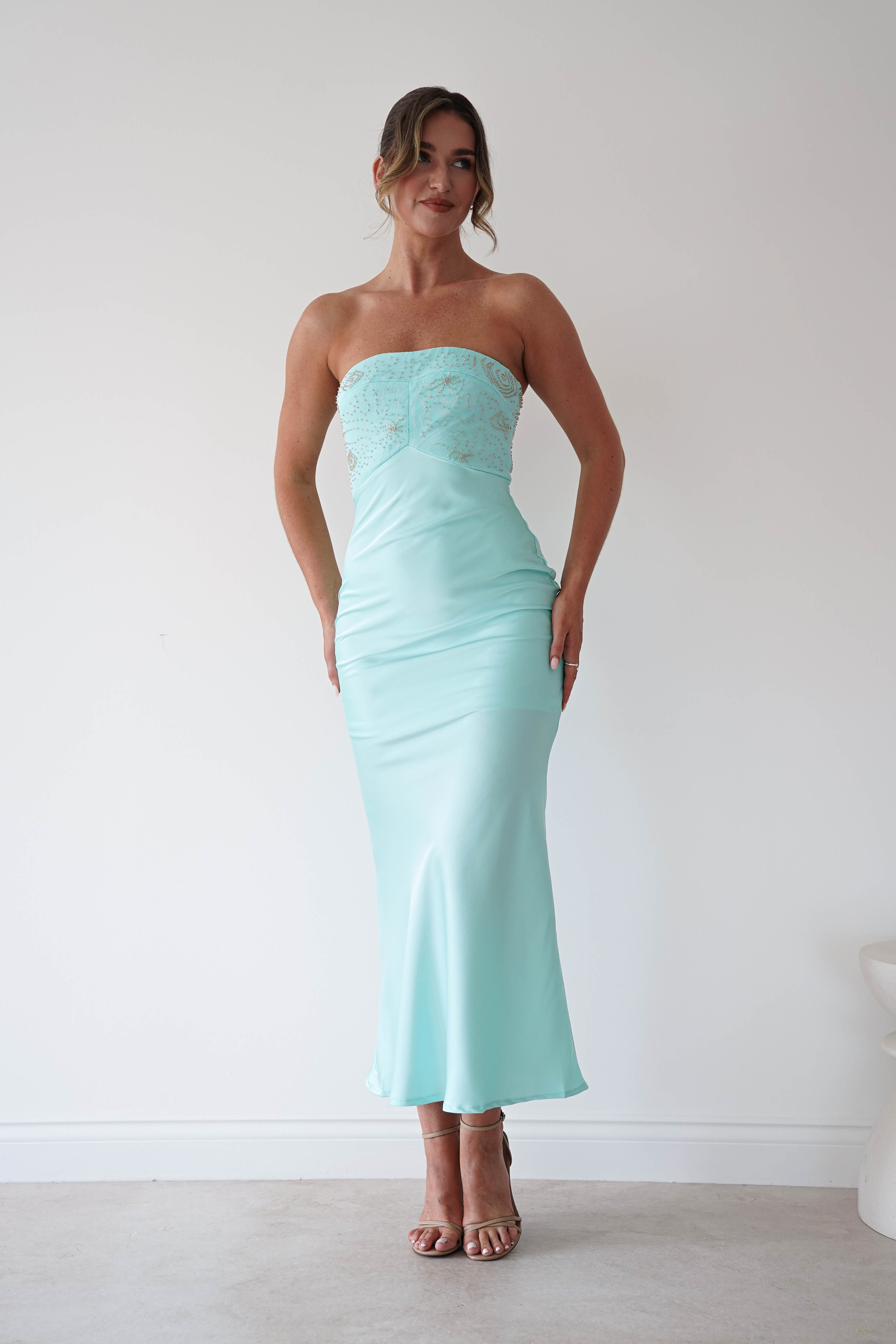 Oh Hello Clothing Women > Clothing > Dresses 1 *DONE CM67074F BLUE STRAPLESS SATIN MIDI EMBELLISHED BST