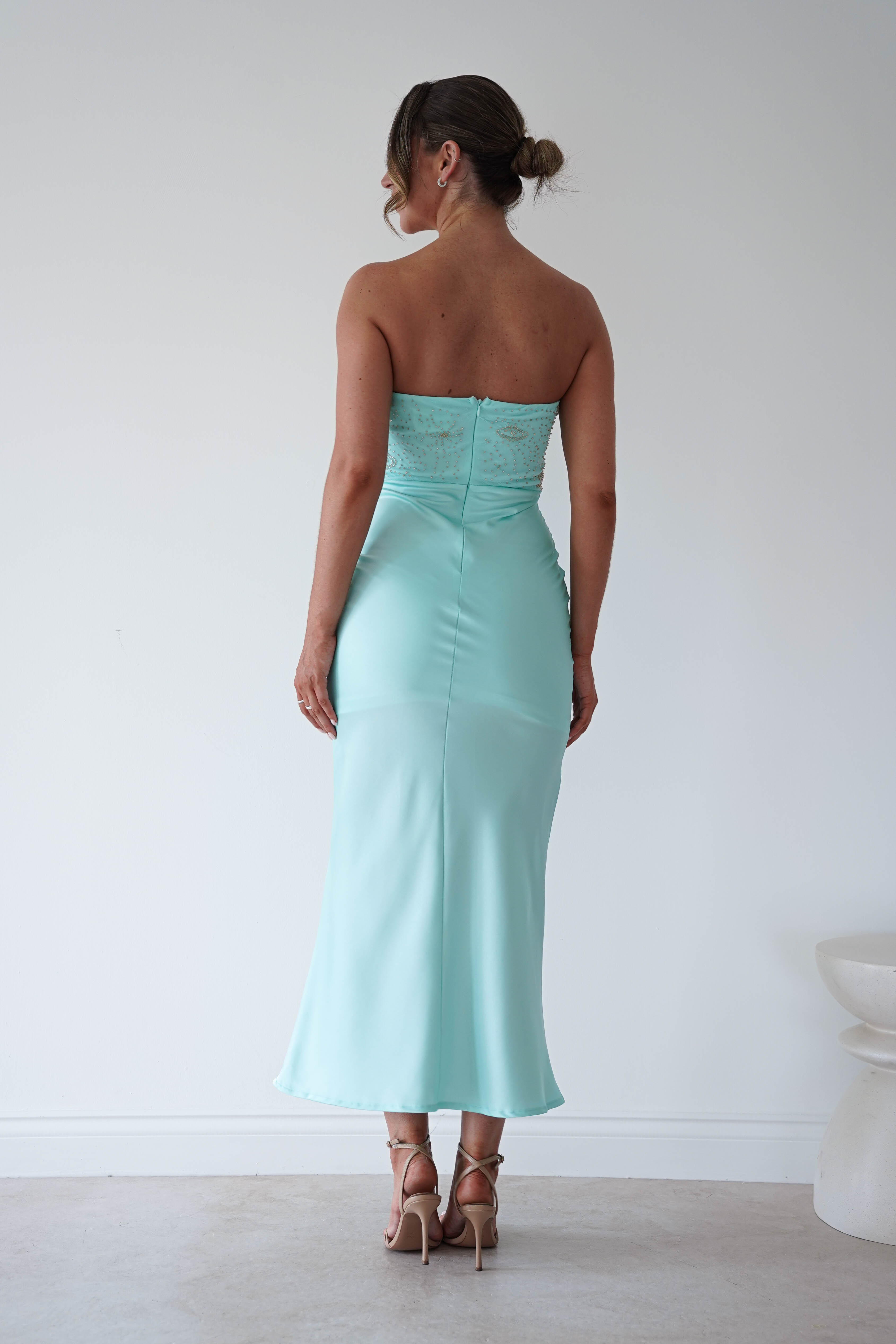 Oh Hello Clothing Women > Clothing > Dresses 1 *DONE CM67074F BLUE STRAPLESS SATIN MIDI EMBELLISHED BST