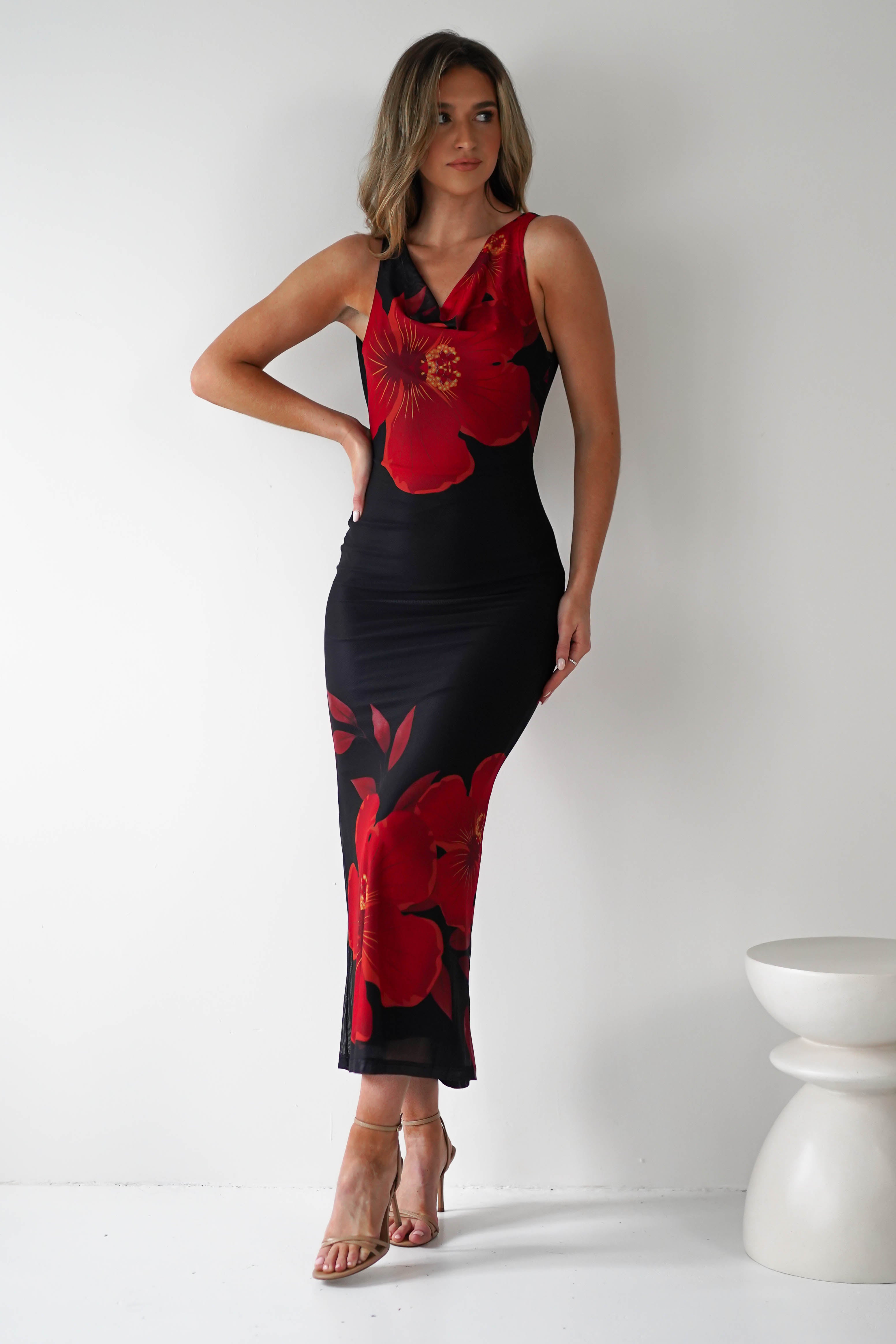 Meadow Mesh Maxi Dress | Black/Red | Oh Hello Clothing | XS (6)