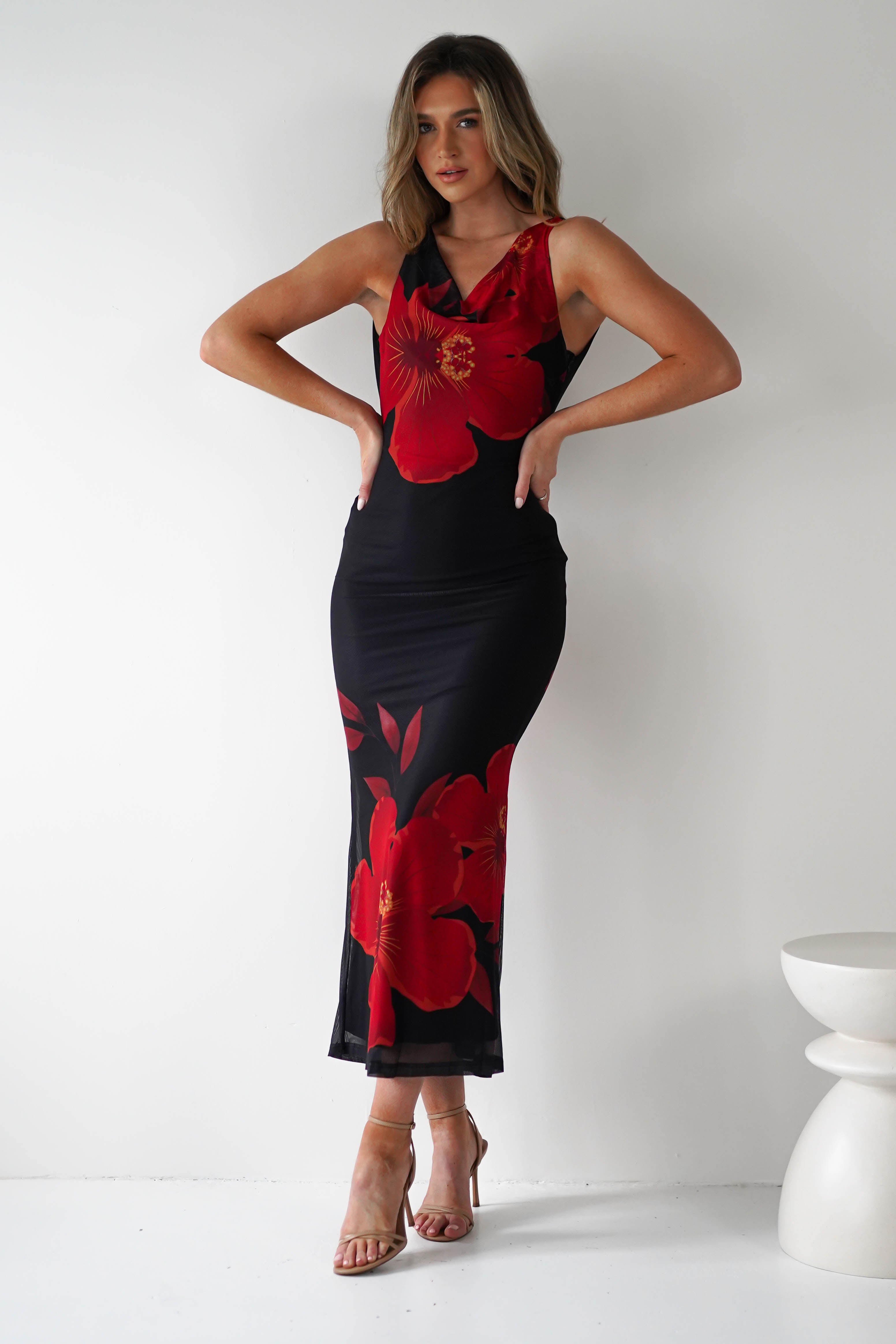 Meadow Mesh Maxi Dress | Black/Red | Oh Hello Clothing | XS (6)