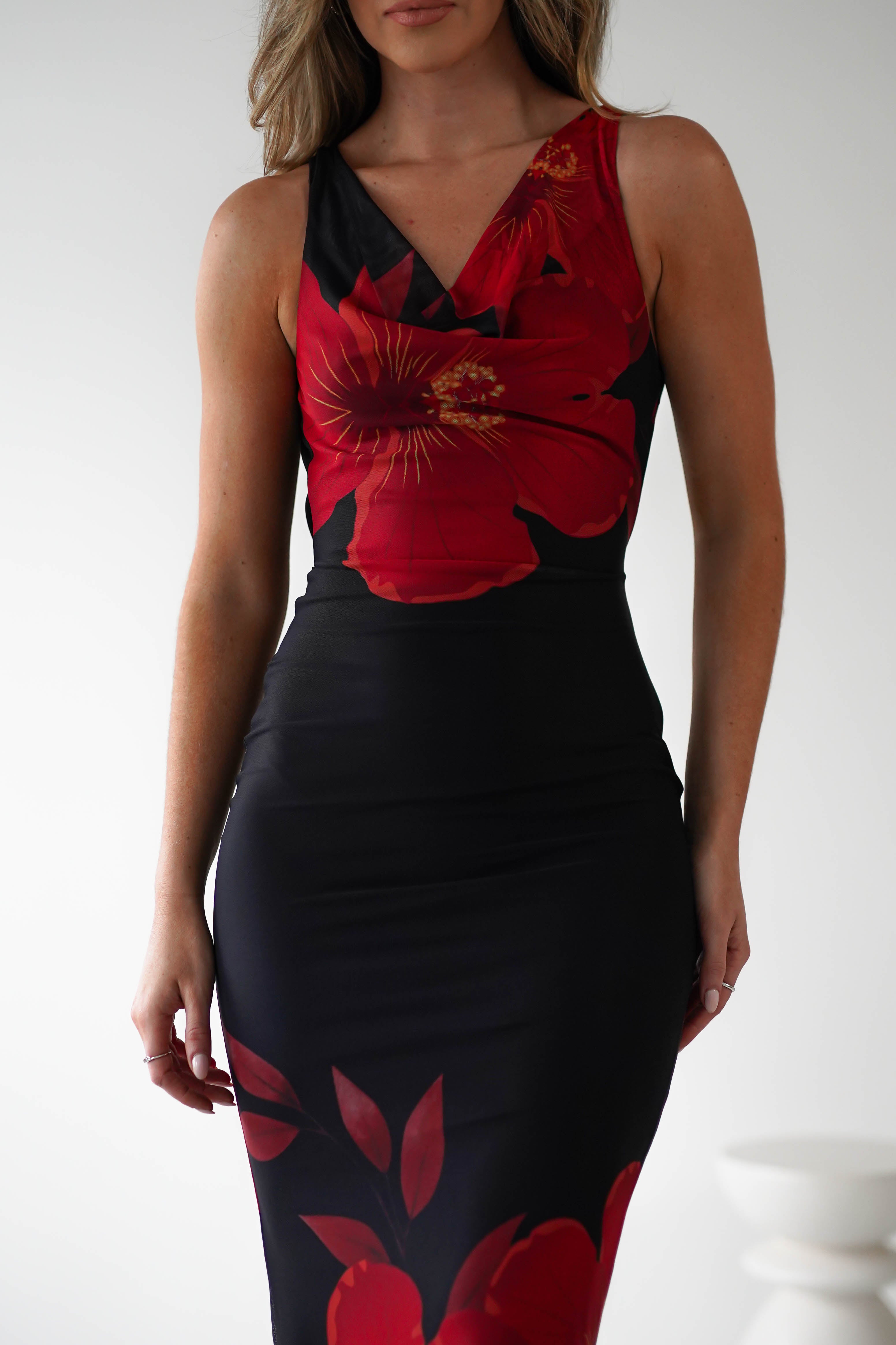 Meadow Mesh Maxi Dress | Black/Red | Oh Hello Clothing | XS (6)