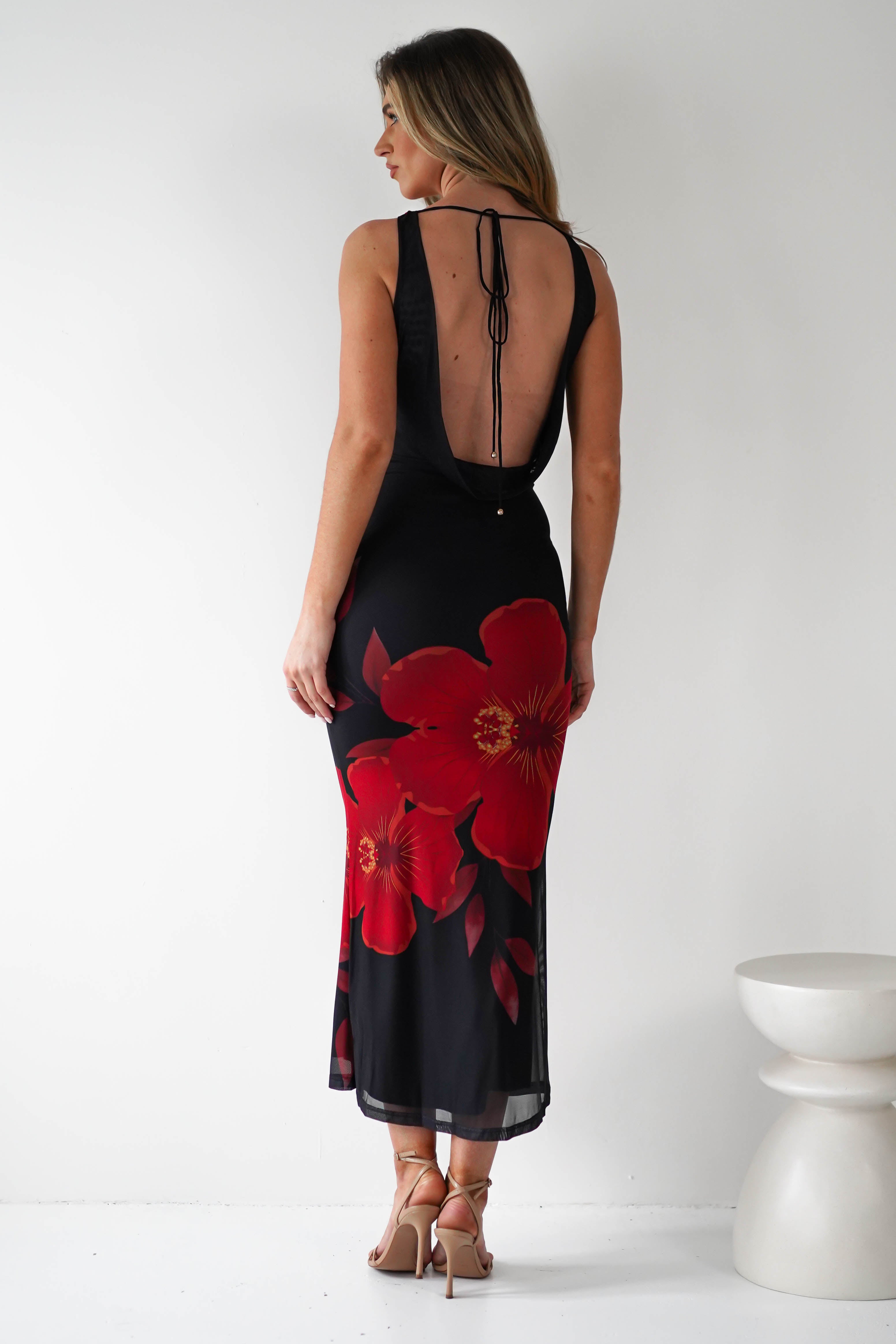 Meadow Mesh Maxi Dress | Black/Red | Oh Hello Clothing | XS (6)
