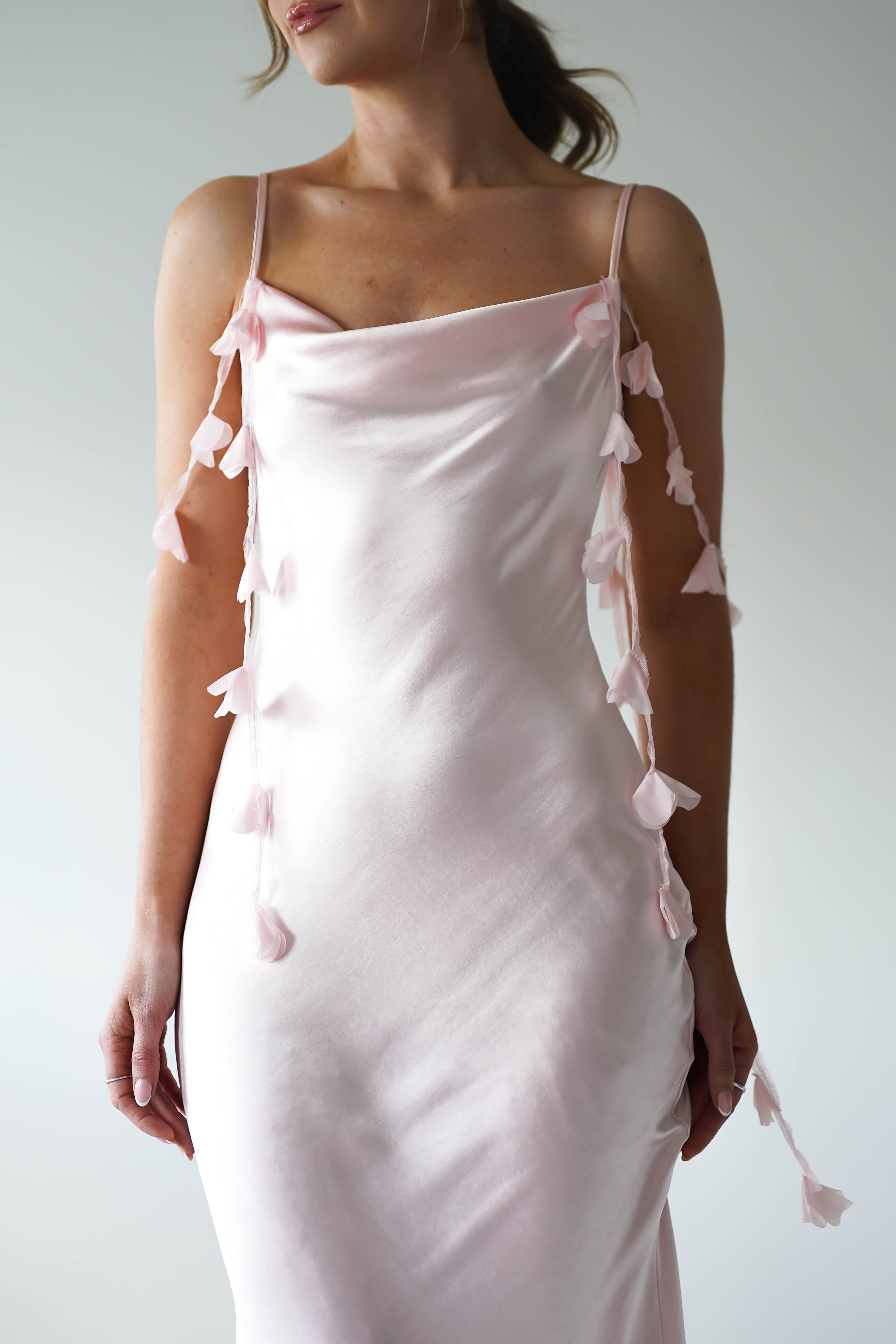 Daisy Cowl Neckline Satin Maxi Dress | Light Pink - Oh Hello Clothing