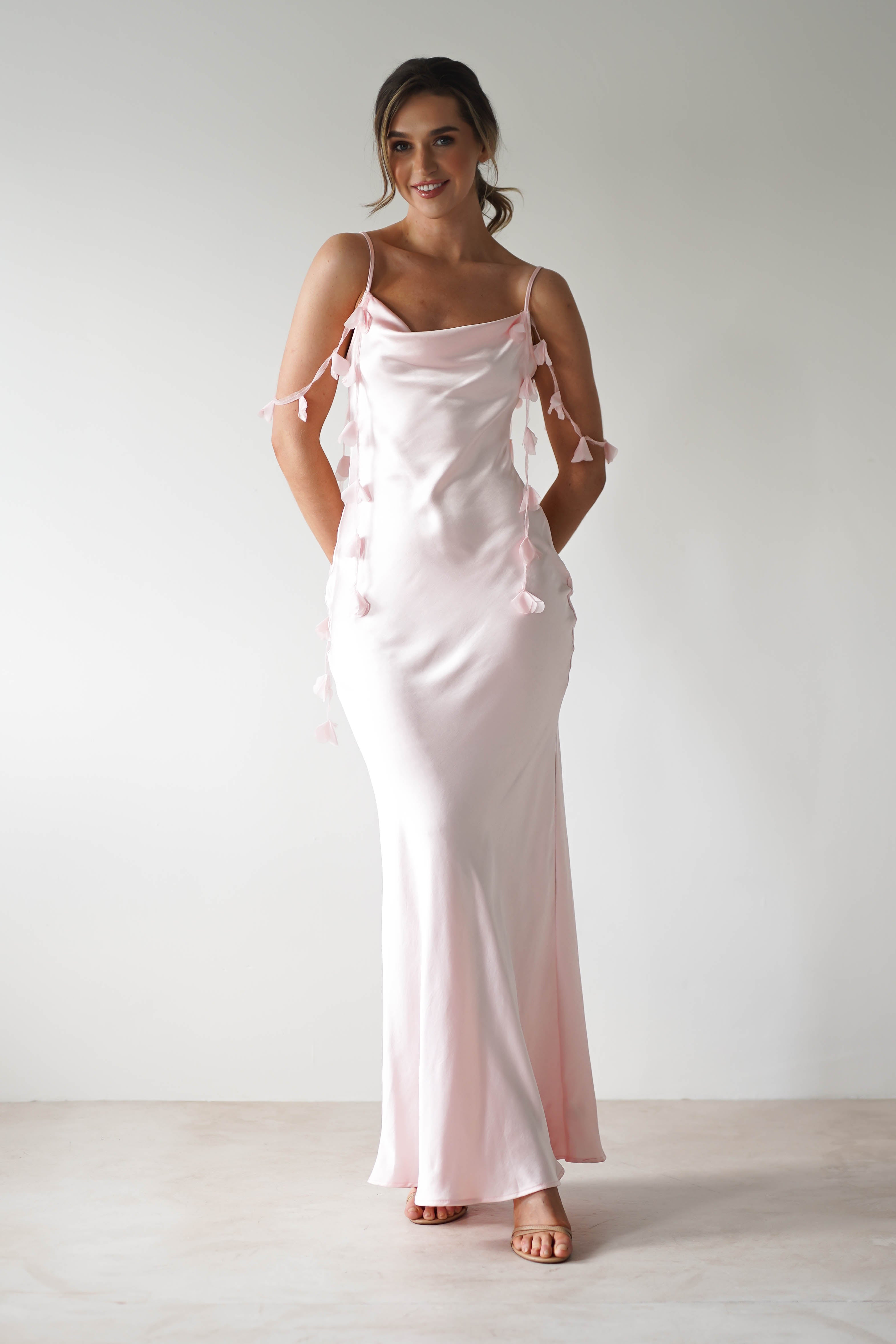 Daisy Cowl Neckline Satin Maxi Dress | Light Pink - Oh Hello Clothing