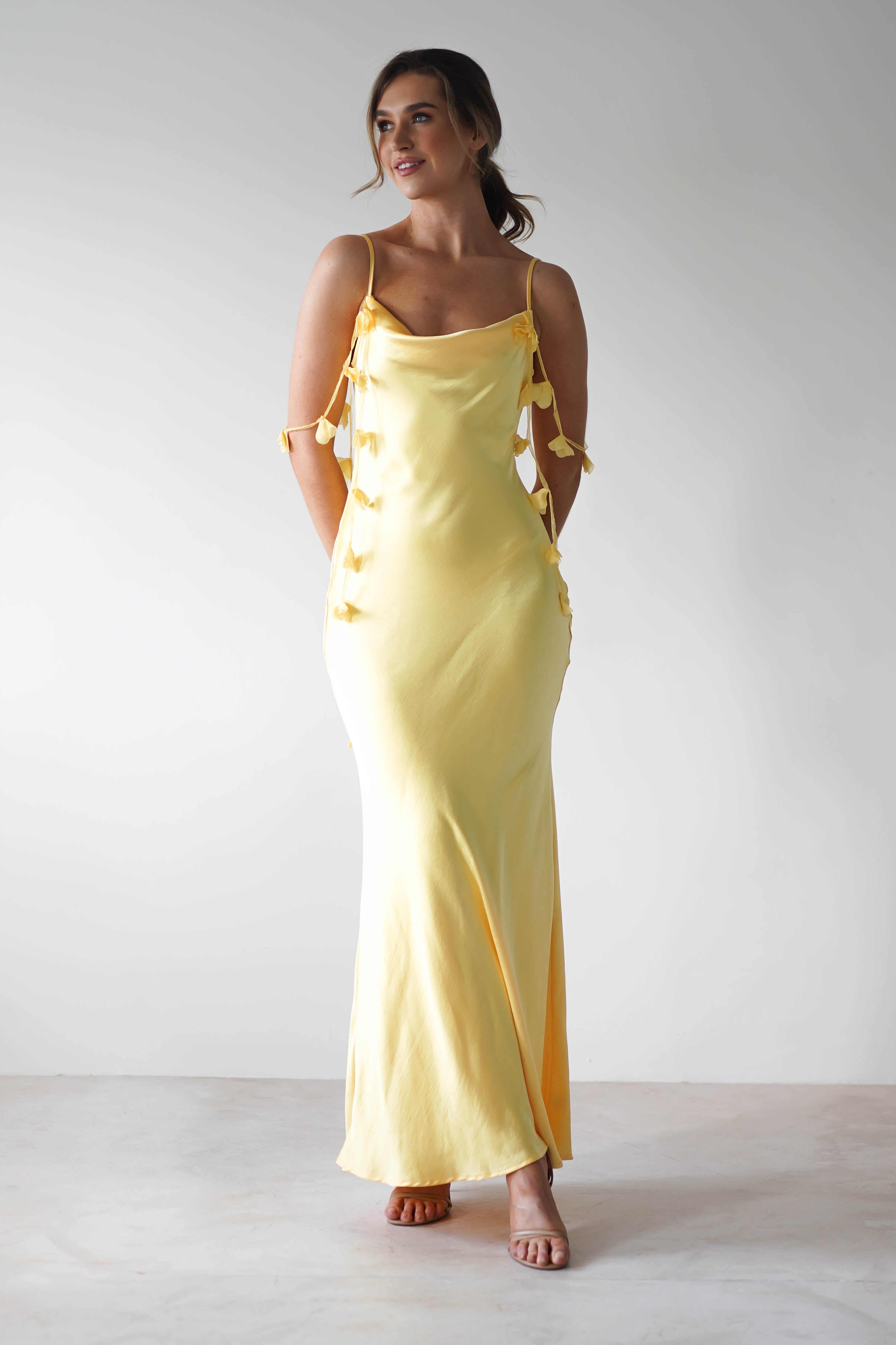 Daisy Cowl Neckline Satin Maxi Dress | Yellow - Oh Hello Clothing